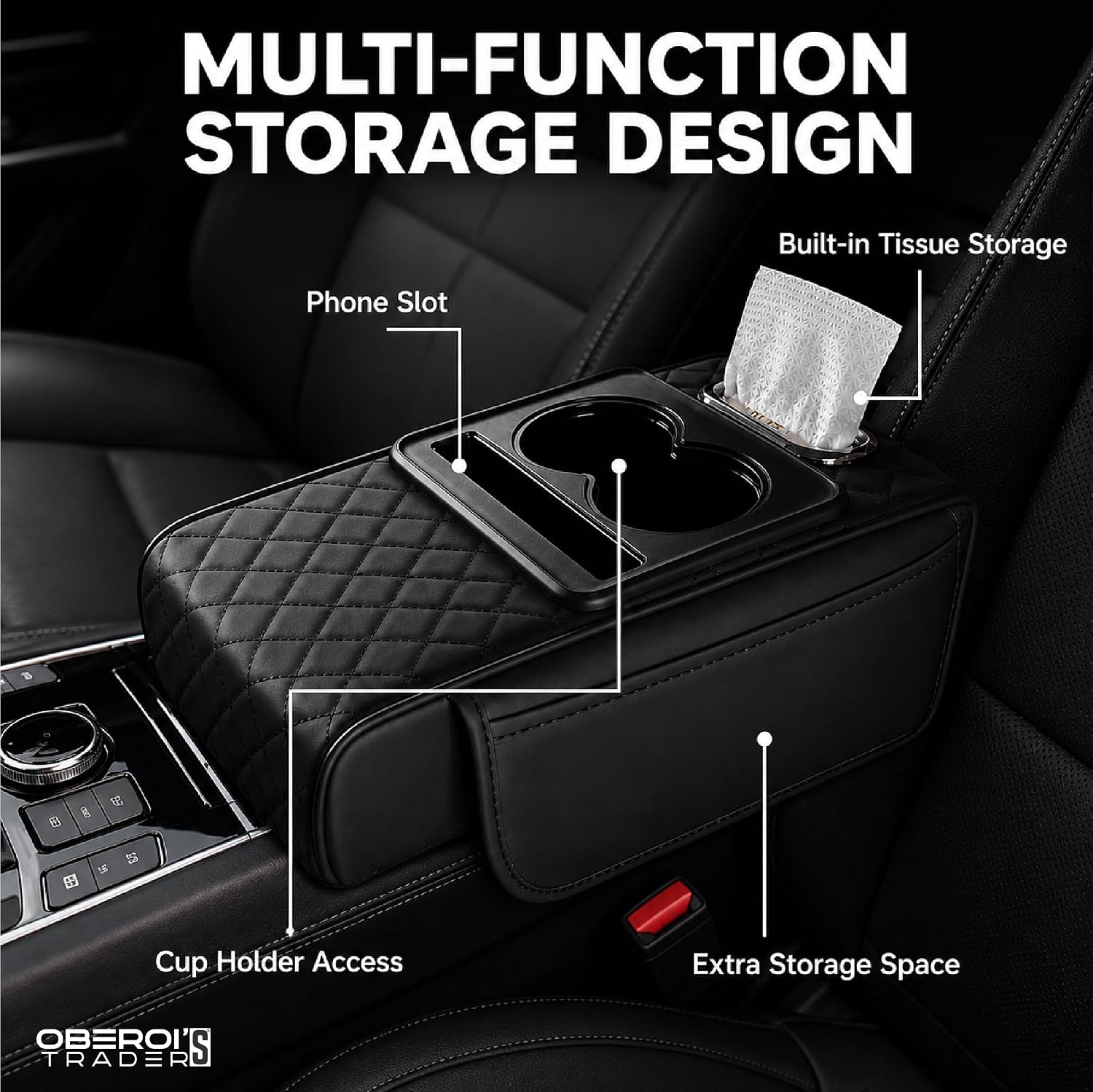 MIKANIX  Premium Car Armrest Cushion with Cup Holder | Leather Center Console Organizer Pad for Auto Interior
