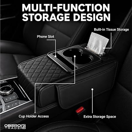 MIKANIX Car Center Console Armrest Cushion | Waterproof Leather Car Armrest Pad with Cup Holder, Phone Slot & Tissue Organizer for Top Hinged Consoles