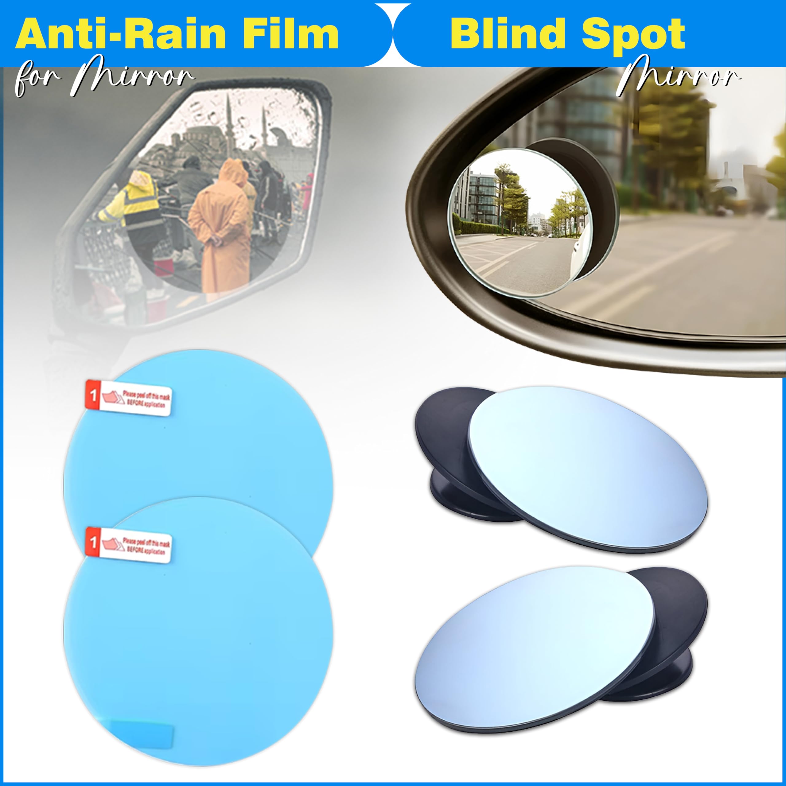 MIKANIX Car Blind Spot Mirror & Bike Anti-Rain Mirror Film with Microfiber Cleaning Cloth | 360° Adjustable Wide Angle Rear View Mirror | Waterproof Anti-Fog Film for Clear Vision