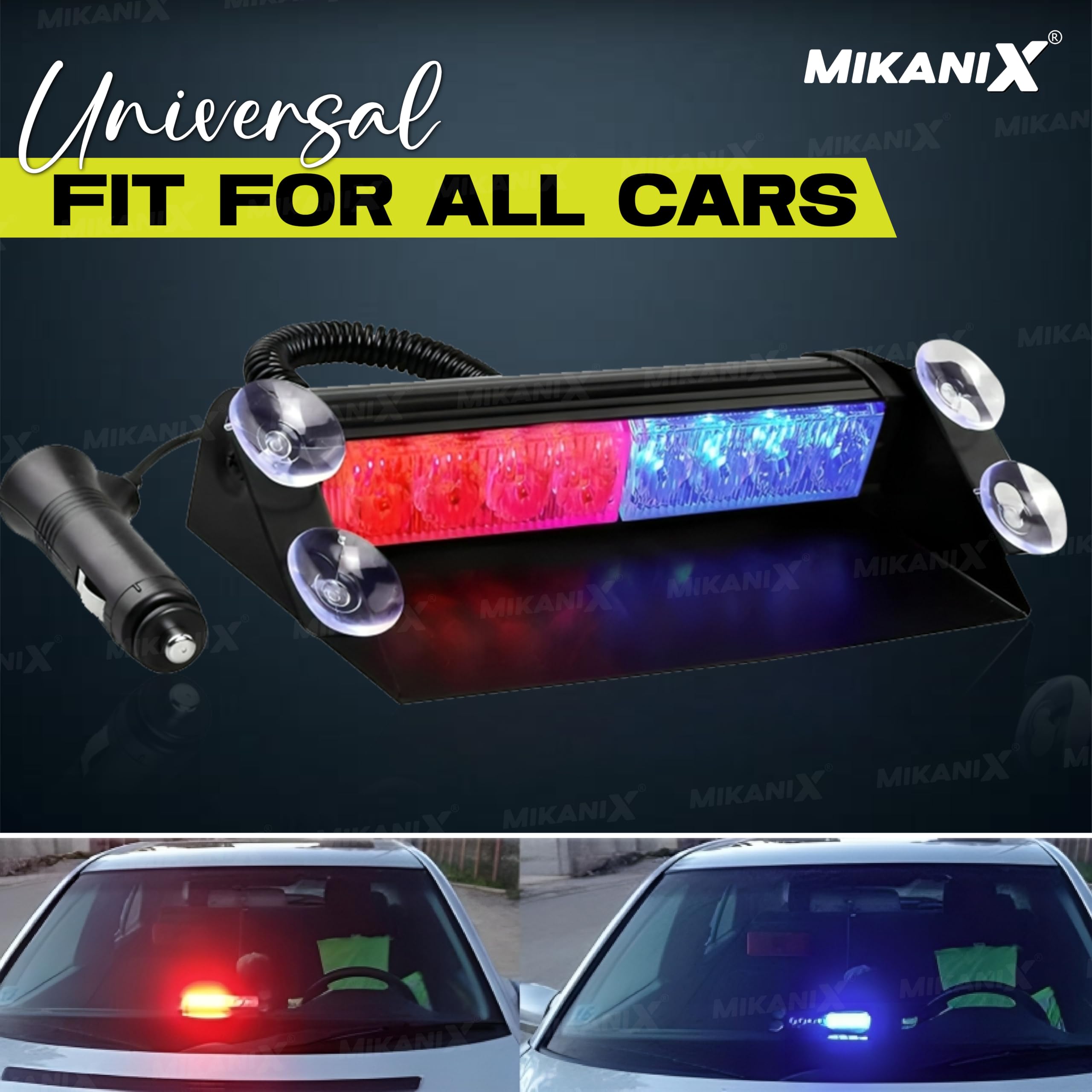 MIKANIX Universal Waterproof 8 LED Red & Blue Police PCR Light With 3 Modes of Flashing | Strobe Flasher | Emergency Warning Lamp for All Cars
