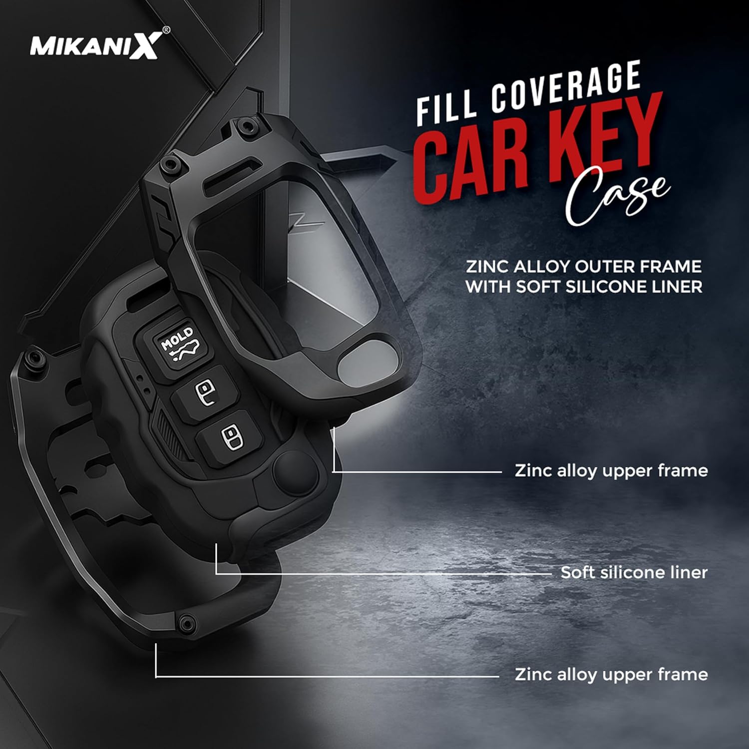 MIKANIX Transformer Series Car Key Cover | Metal Black Soft Silicone Key Shell with Keychain for Creta, Exter, i10 Grand Nios, i20 Elite, i20 (2020), Aura, Venue, i20 Active, Xcent (i10)