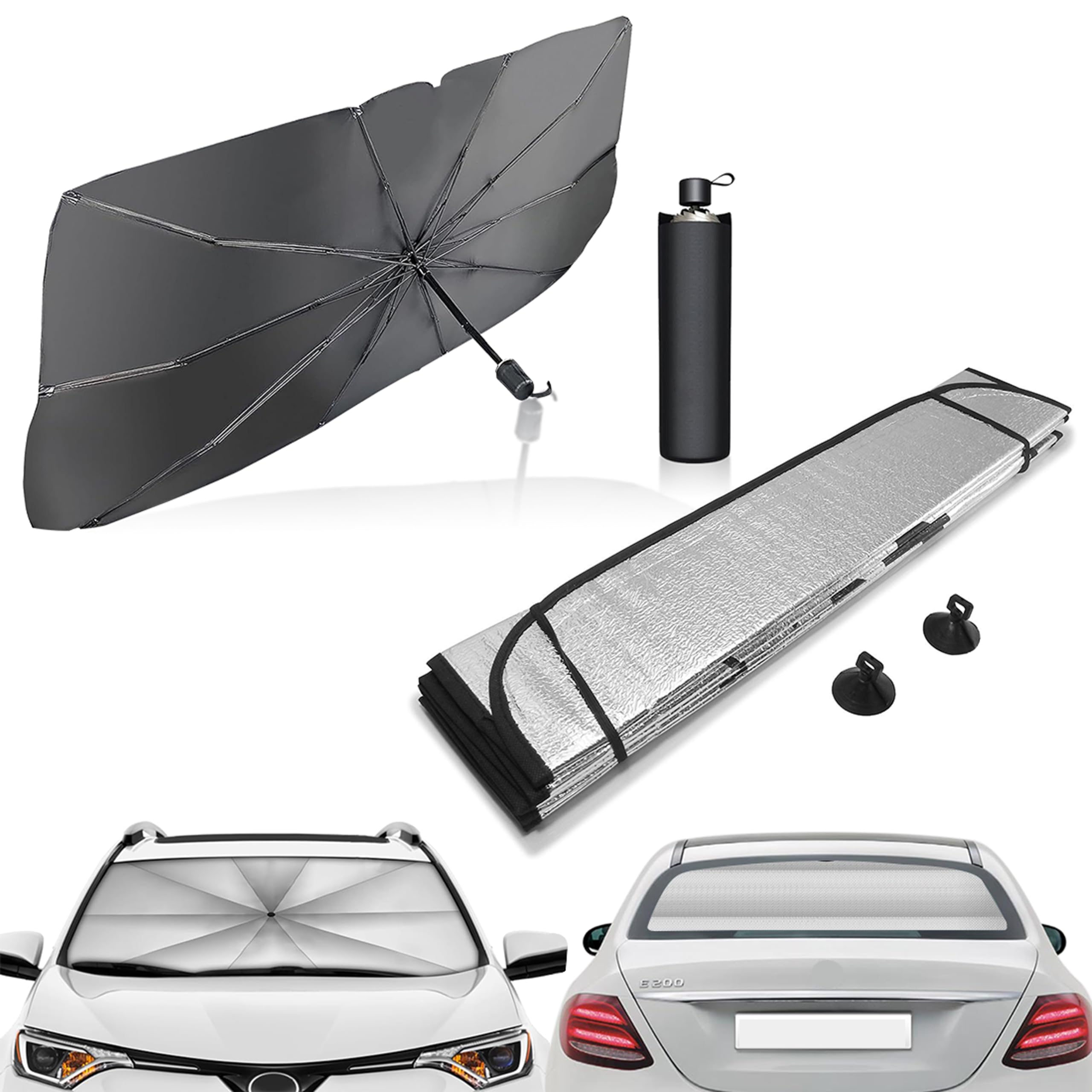 MIKANIX Car Front and Rear Windshield Sunshade, Reflective Silver Aluminium Foil & Umbrella for Windshield with Carry Bag, UV Ray Blocker, Universal for Car