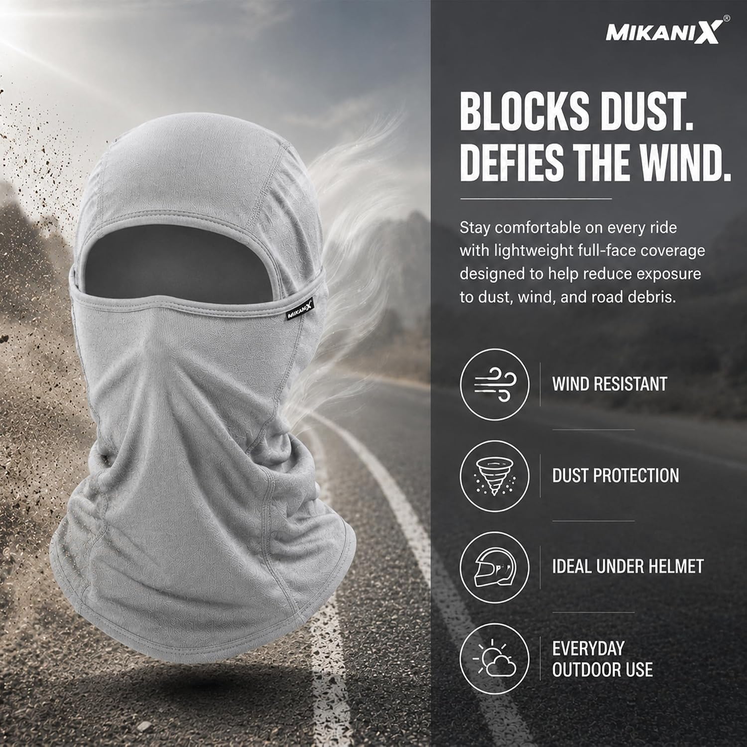 MIKANIX Full Face Balaclava Mask for Men & Women | Breathable Bike Riding Face Mask | Dust, Wind & Sun for Motorcycle, Cycling & Outdoor Sports (GREY)