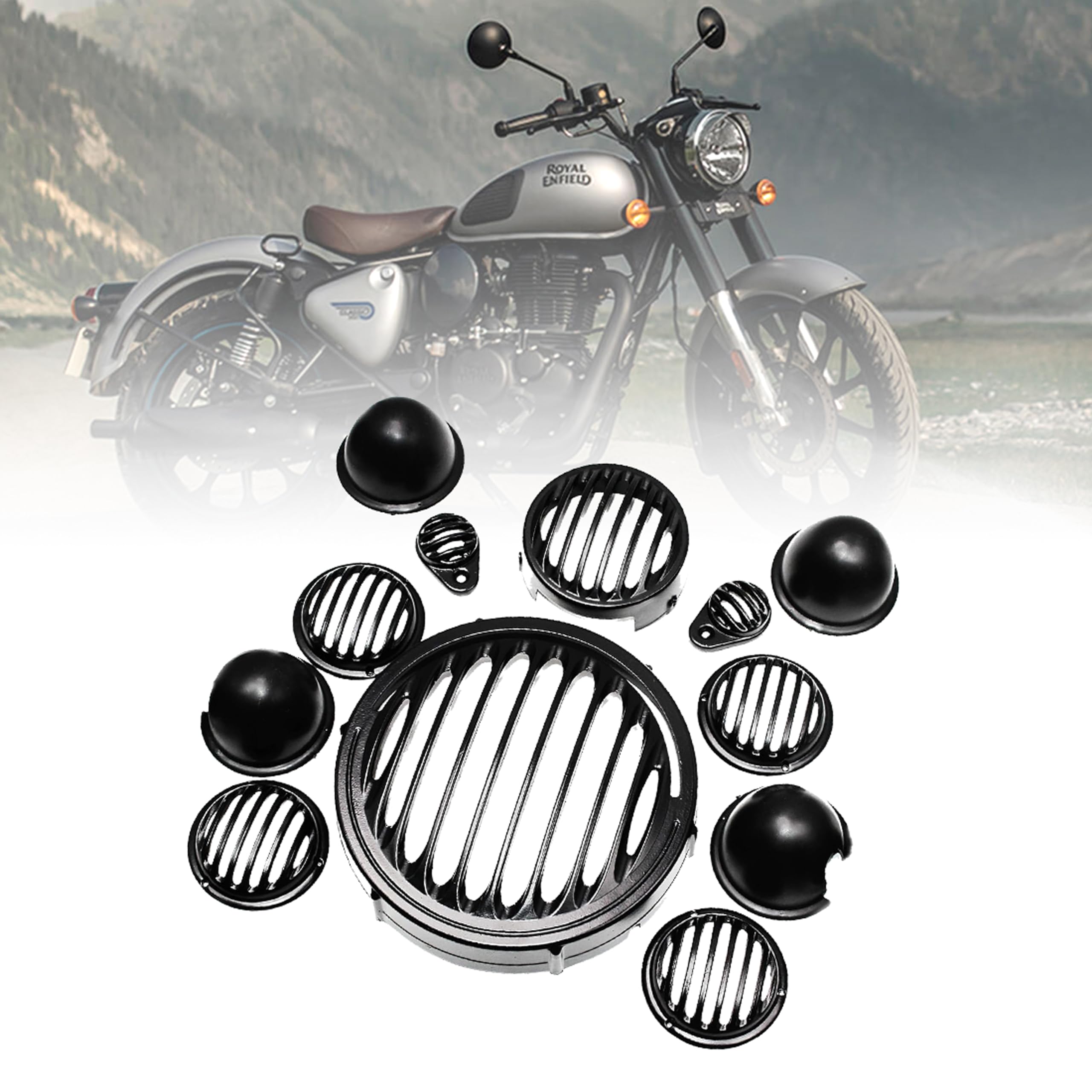 MIKANIX Premium CNC Metal Front Rear Headlight Grill/Jali Cover Set with Tail Lamp, Indicator, Pivot Eyes Cup Compatible Only for Royal Enfield Classic Reborn 350