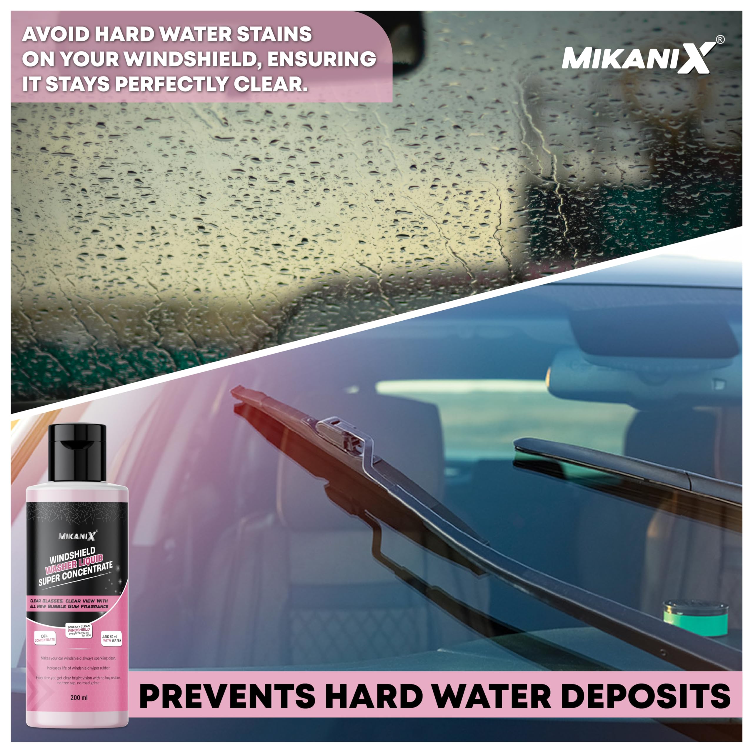 MIKANIX Windshield Washer Fluid For Car | Car Glass & Wiper Cleaner Liquid | Concentrate Form | To Remove Dirt, Grime and Bugs | Improve Visibility | Antifreeze Protection