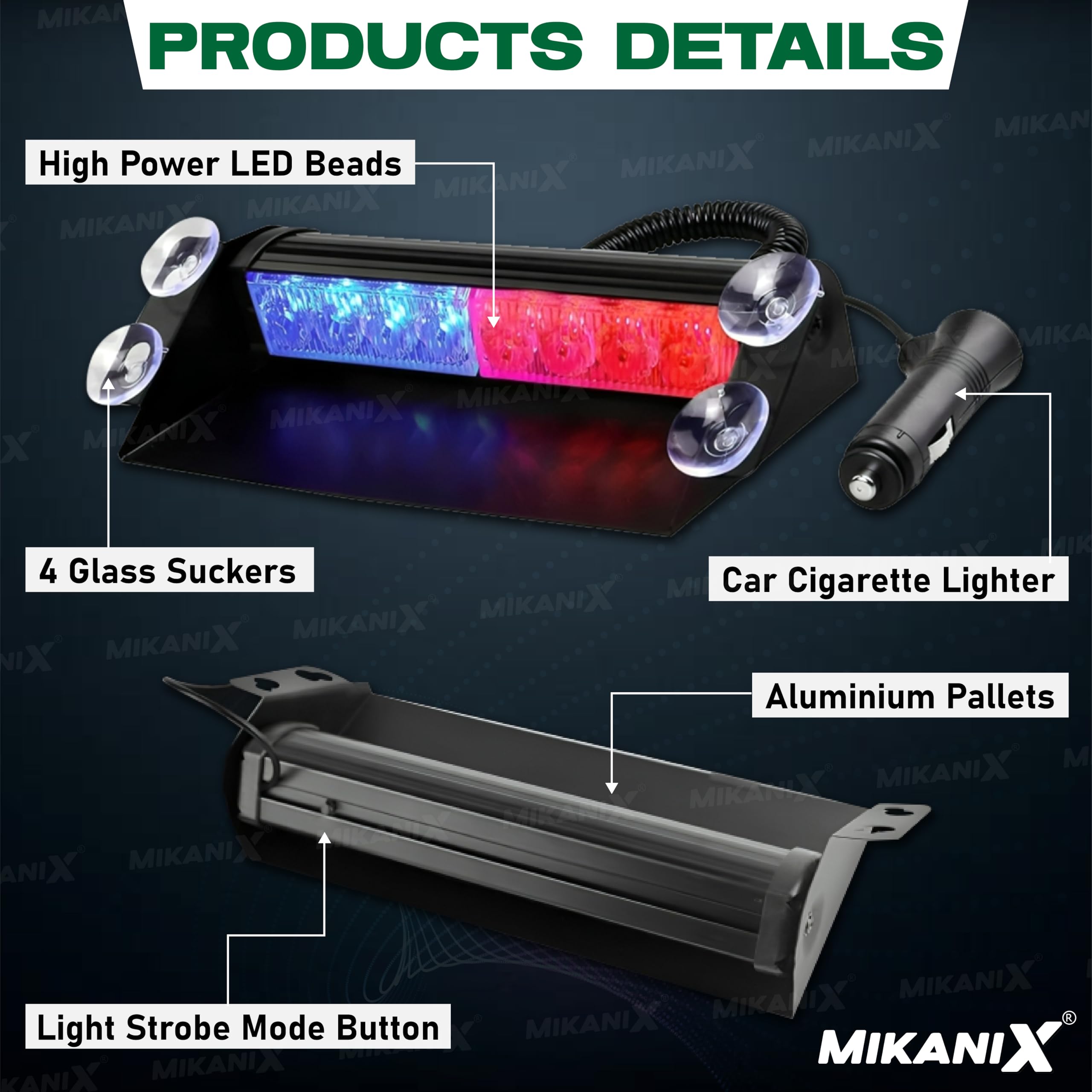 MIKANIX Universal Waterproof 8 LED Red & Blue Police PCR Light With 3 Modes of Flashing | Strobe Flasher | Emergency Warning Lamp for All Cars