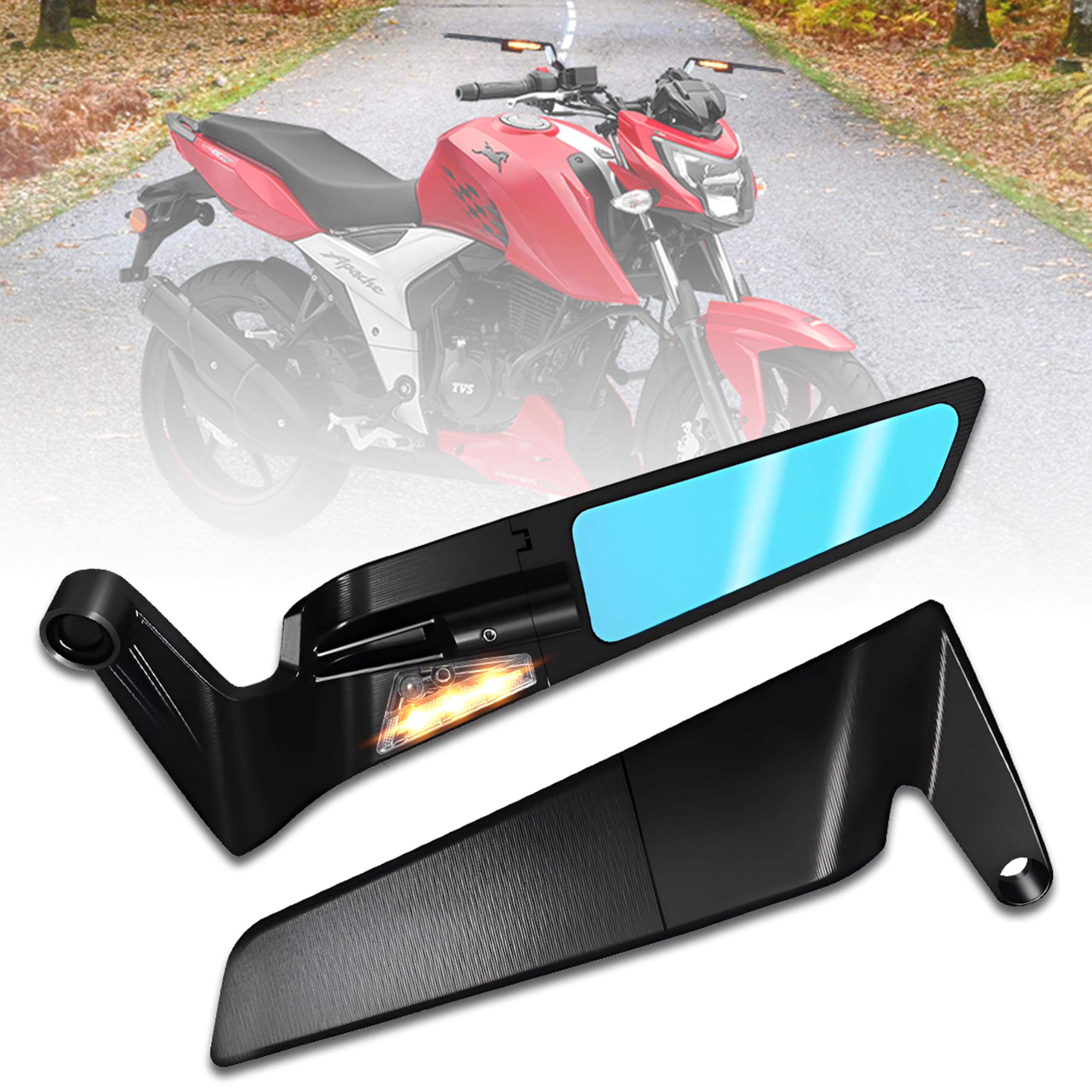MIKANIX Bike Rear View LED Side Handle Bar Mirror | York Nut Fitting | Stealth Convex Glass Compatible With TVS Apache 160 | 200