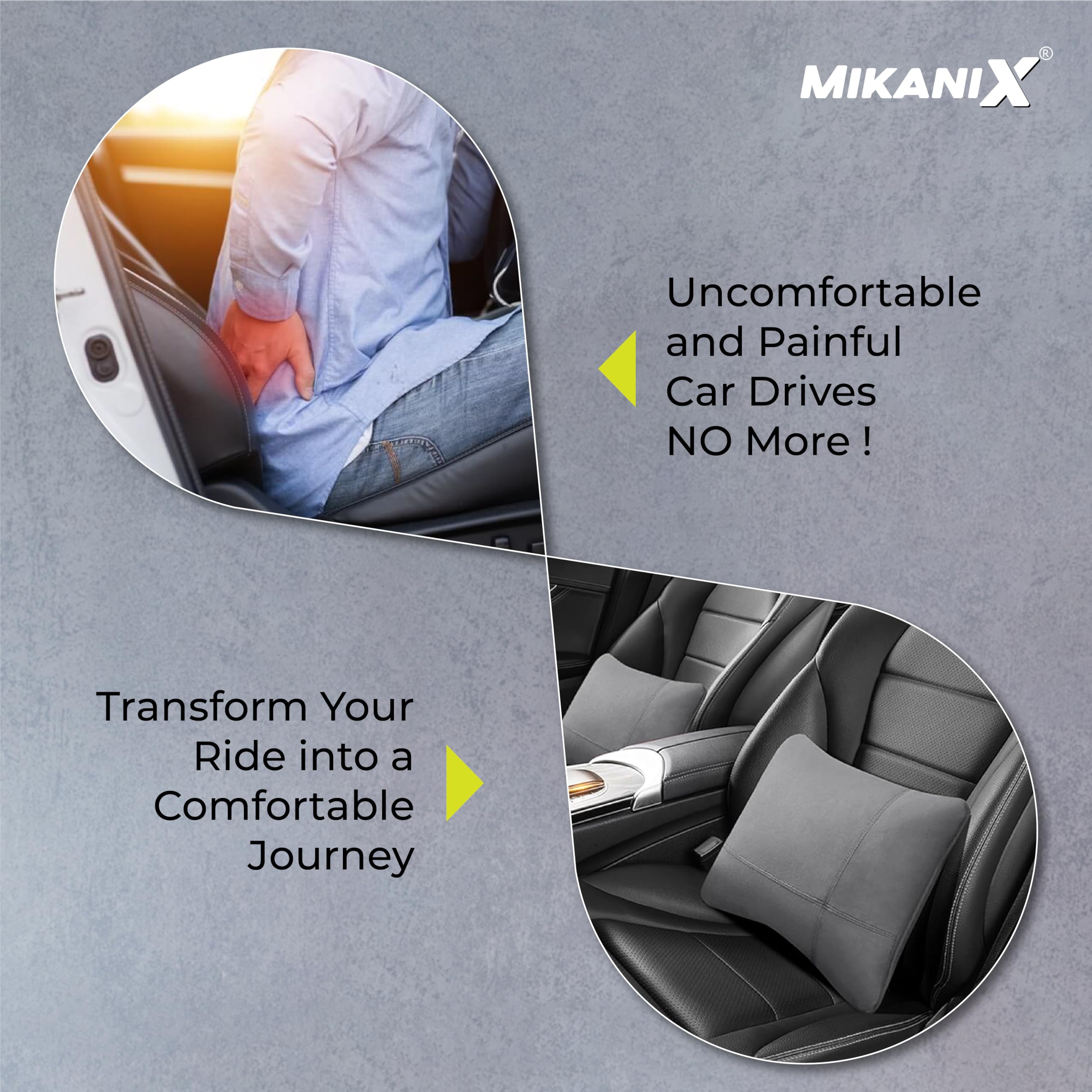 MIKANIX Car Headrest Pillow | Polyfill Fiber Cotton Neck/Head Support Cushion | Ergonomic Travel Headrest | Comfortable Car Seat Pillow | Breathable Soft Cover | Universal Fit (4 Grey)
