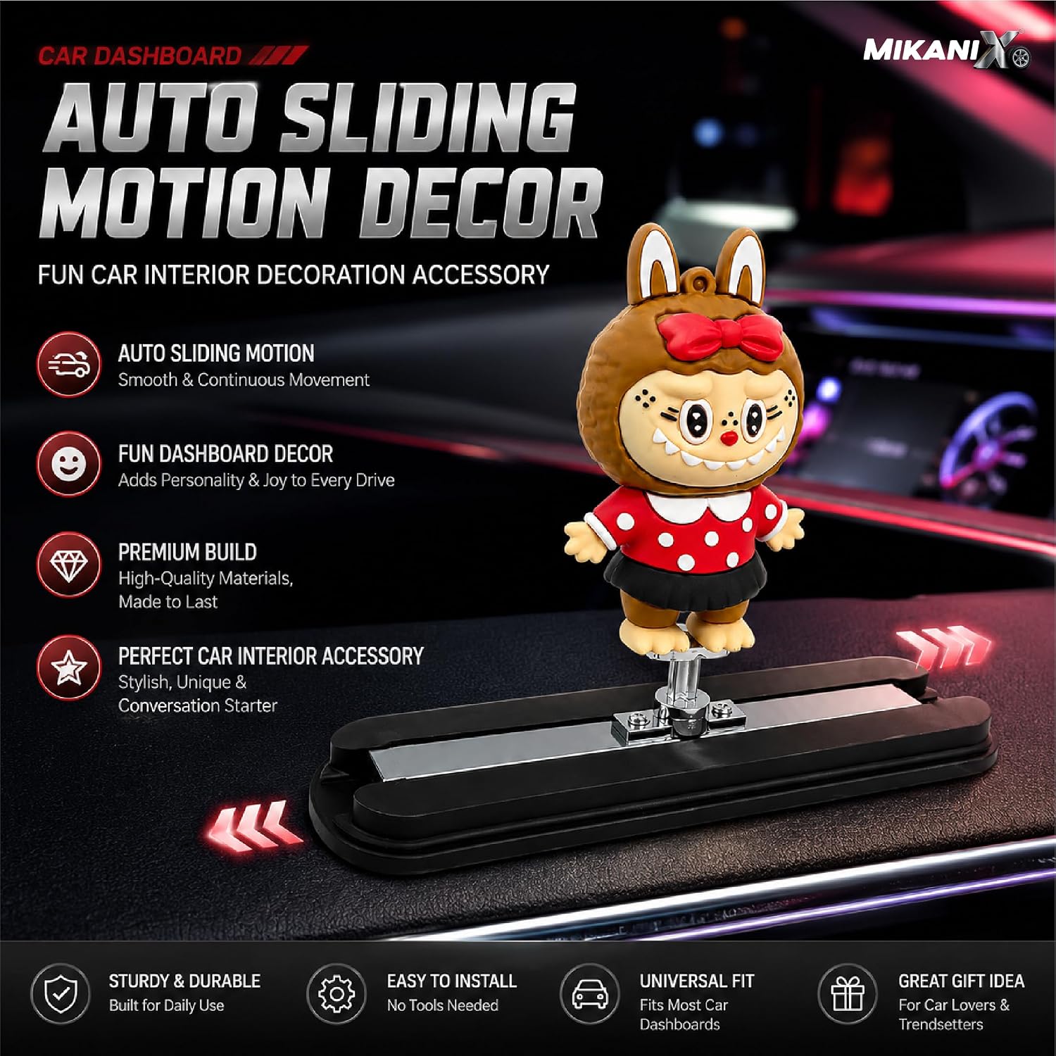 MIKANIX Auto Sliding Car Dashboard Decoration Cute Anime Pooh Character Moving Ornament Interior Accessory