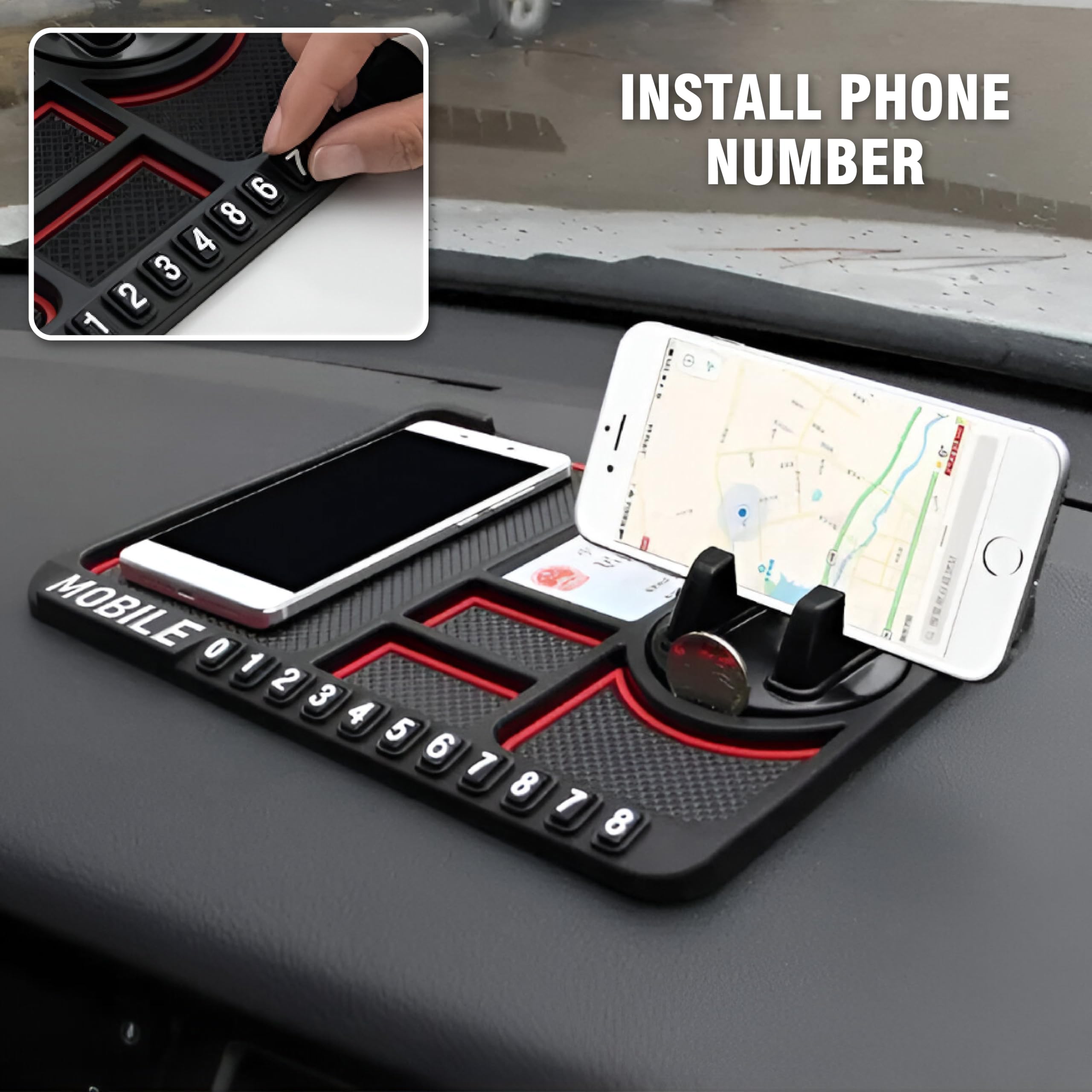 MIKANIX Anti-Slip Car Dashboard Mat with Mobile Holder & Number Display | Silicone Non-Slip Phone Pad | Universal Dashboard Accessories for Car | Mobile Stand with Number Plate Stickers