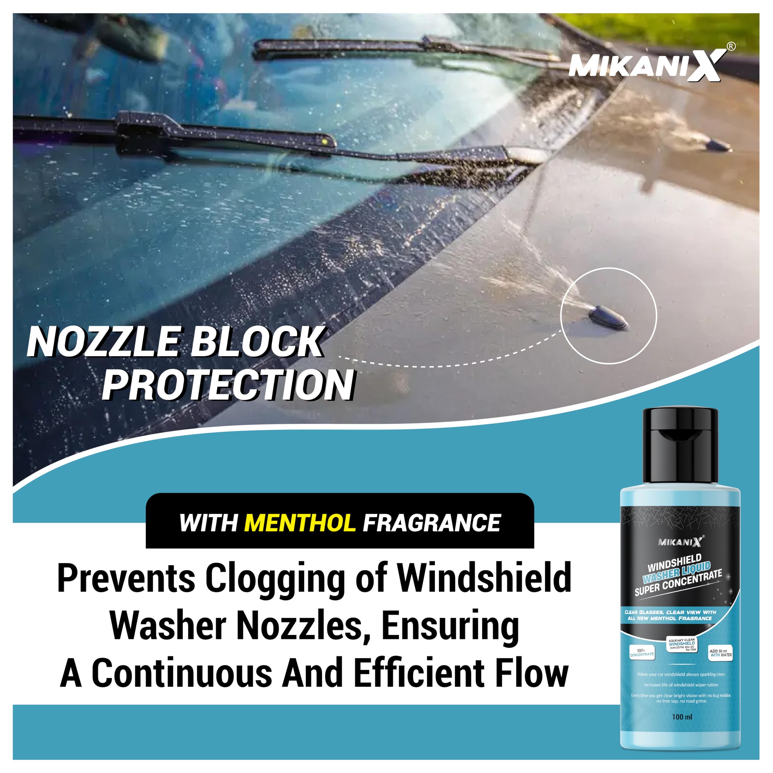 MIKANIX Windshield Washer Fluid For Car | Car Glass & Wiper Cleaner Liquid | Concentrate Form | To Remove Dirt, Grime and Bugs | Improve Visibility | Antifreeze Protection