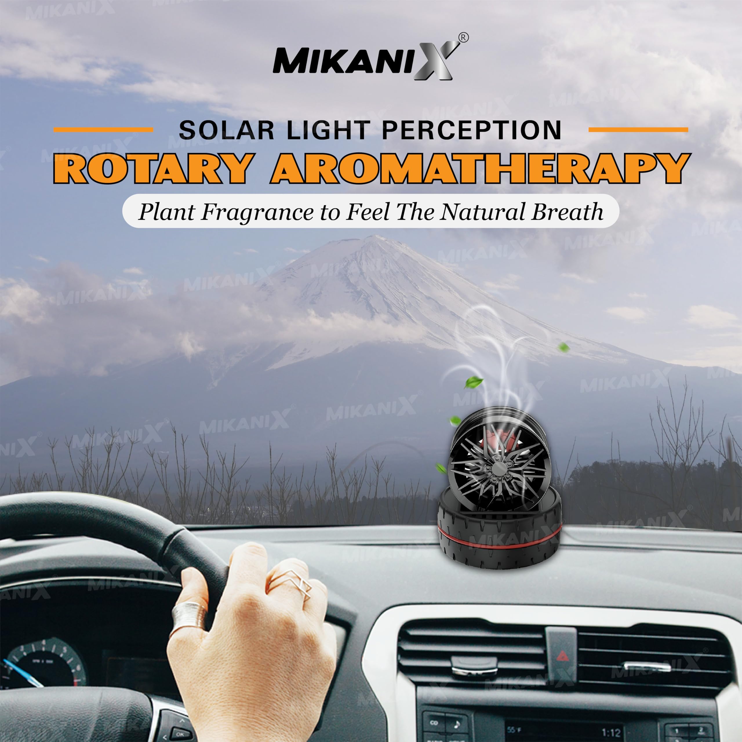Mikanix Solar Rotating Car Dashboard Air Freshener/Perfume Diffuser|Metal Body & Alloy Wheel Hub Design With Perfume Liquid For Car Interior Decoration Accessories (Ocean,French),1 Count