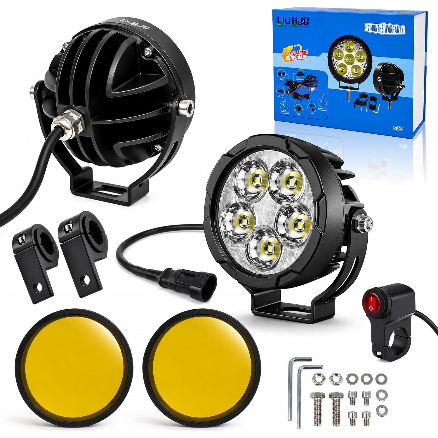 MIKANIX LIUHJG 5 LED Round Fog Light for Cars & Bikes | Waterproof 60W Driving Spotlight Kit with Yellow Caps