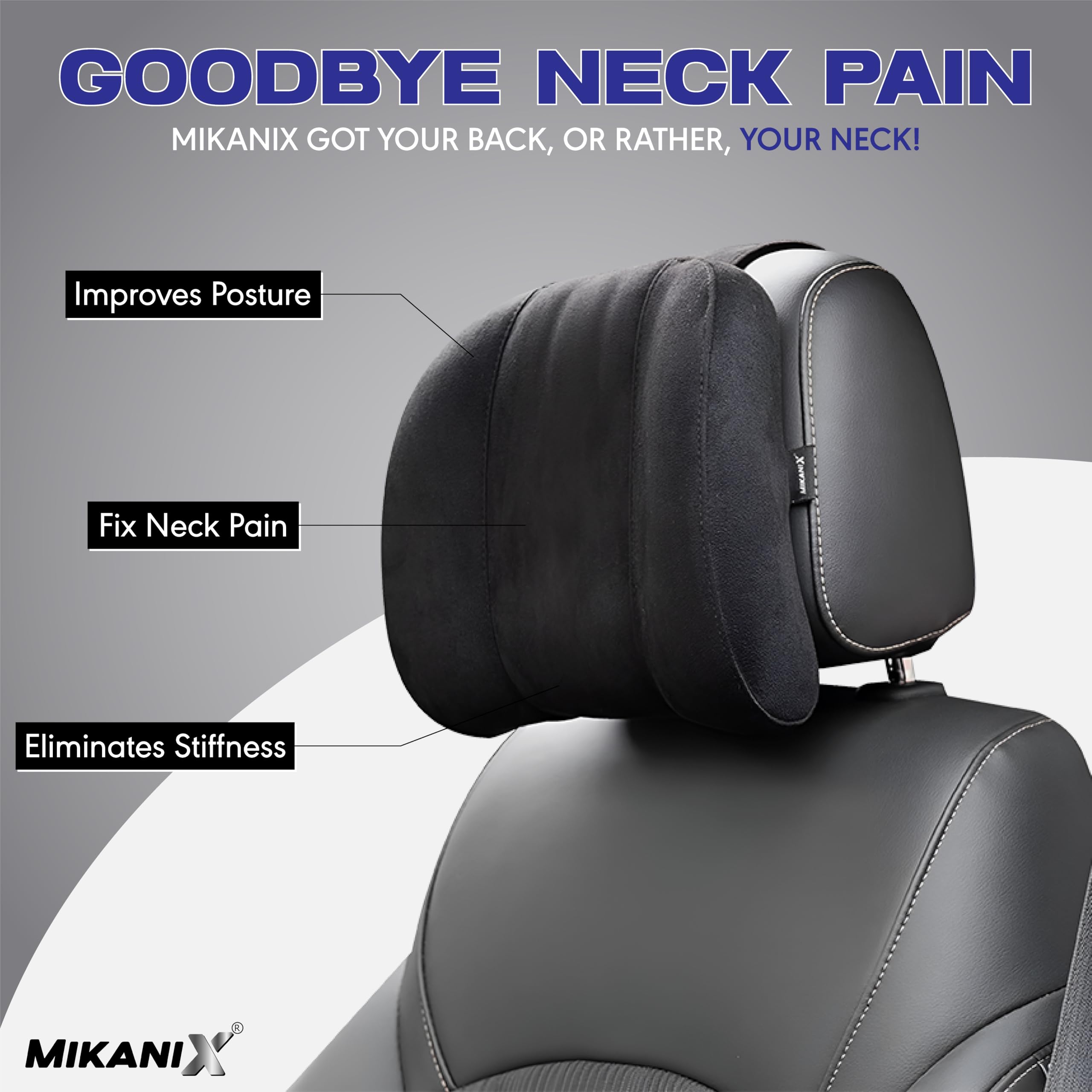 MIKANIX Car Headrest Pillow | Polyfill Fiber Cotton Neck/Head Support Cushion | Ergonomic Travel Headrest | Comfortable Car Seat Pillow | Breathable Soft Cover | Universal Fit (Black)