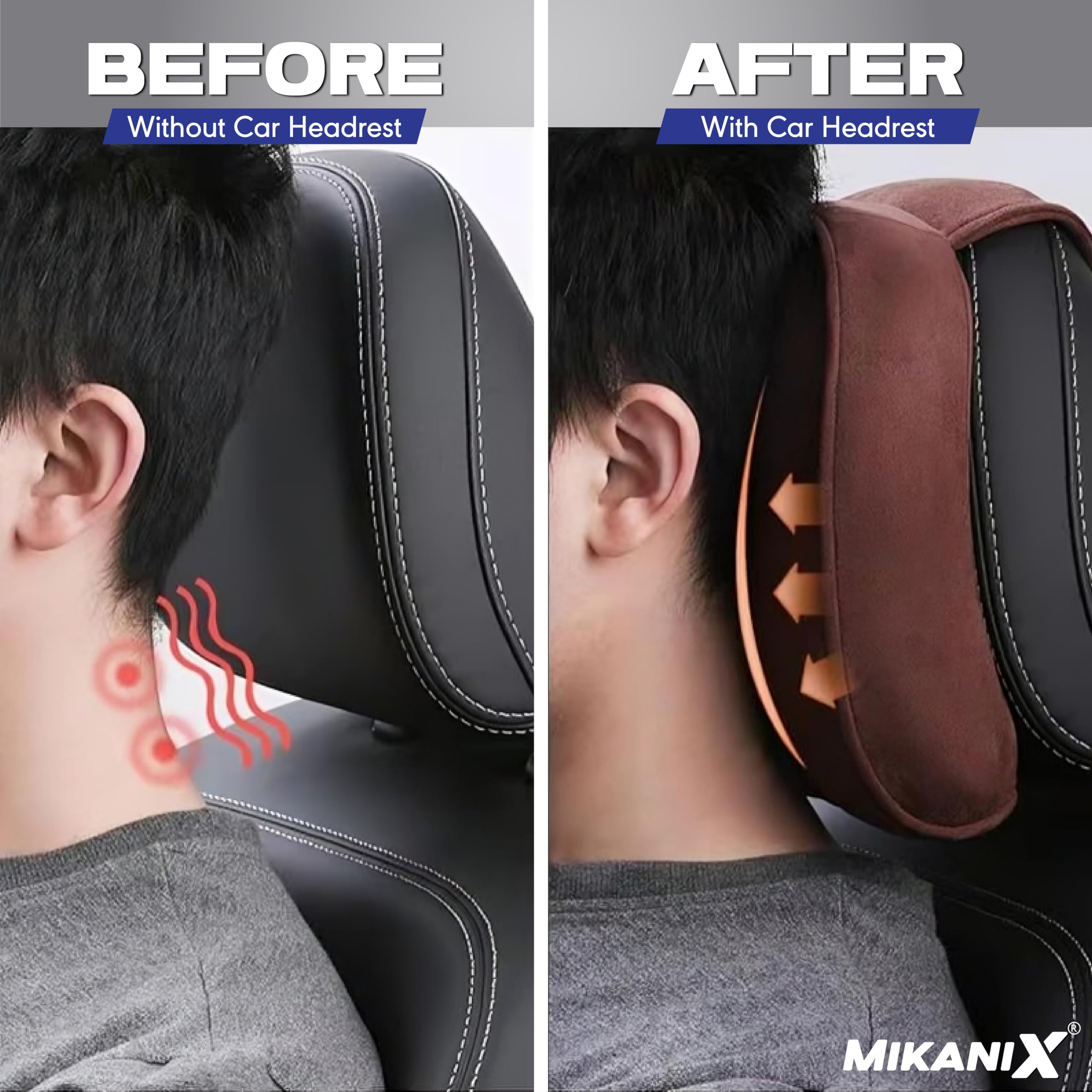 MIKANIX Car Headrest Pillow | Polyfill Fiber Cotton Neck/Head Support Cushion | Ergonomic Travel Headrest | Comfortable Car Seat Pillow | Breathable Soft Cover | Universal Fit (Black)