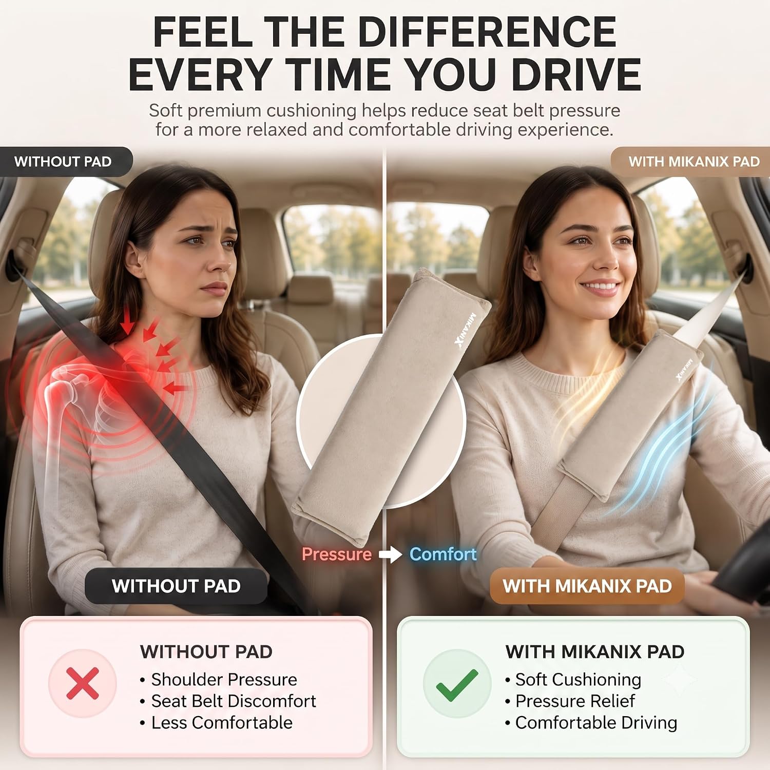 MIKANIX Car Seat Belt Shoulder Pad | Ultra Soft Fabric Suede Belt Cover | Universal Seat Belt Sleeve For Cars, SUVs & Vehicles | Reduces Shoulder Pressure & Neck Comfort for Daily & Long Drives