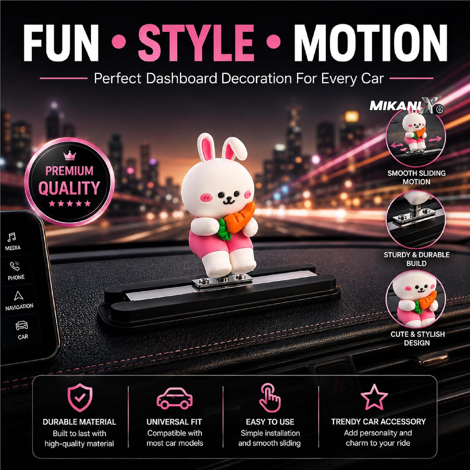 MIKANIX Auto Sliding Car Dashboard Decoration Cute Anime Pooh Character Moving Ornament Interior Accessory