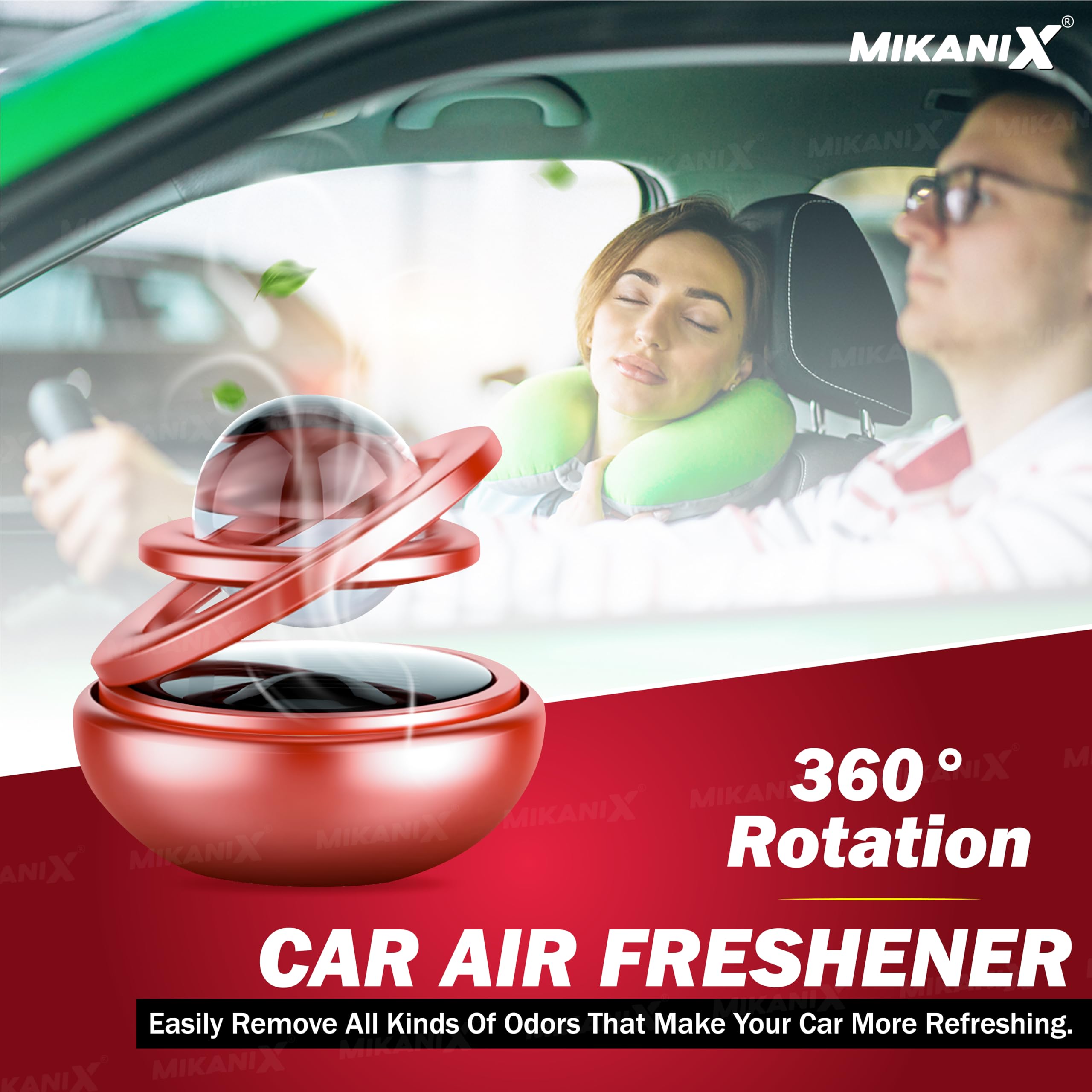 Mikanix Solar Energy Rotating Car Dashboard Air Freshener/Perfume Diffuser/Dispenser | Alloy Body & Crystal Design With Perfume Liquid For Car Interior & Home Air Freshener (Red), Pack Of 1