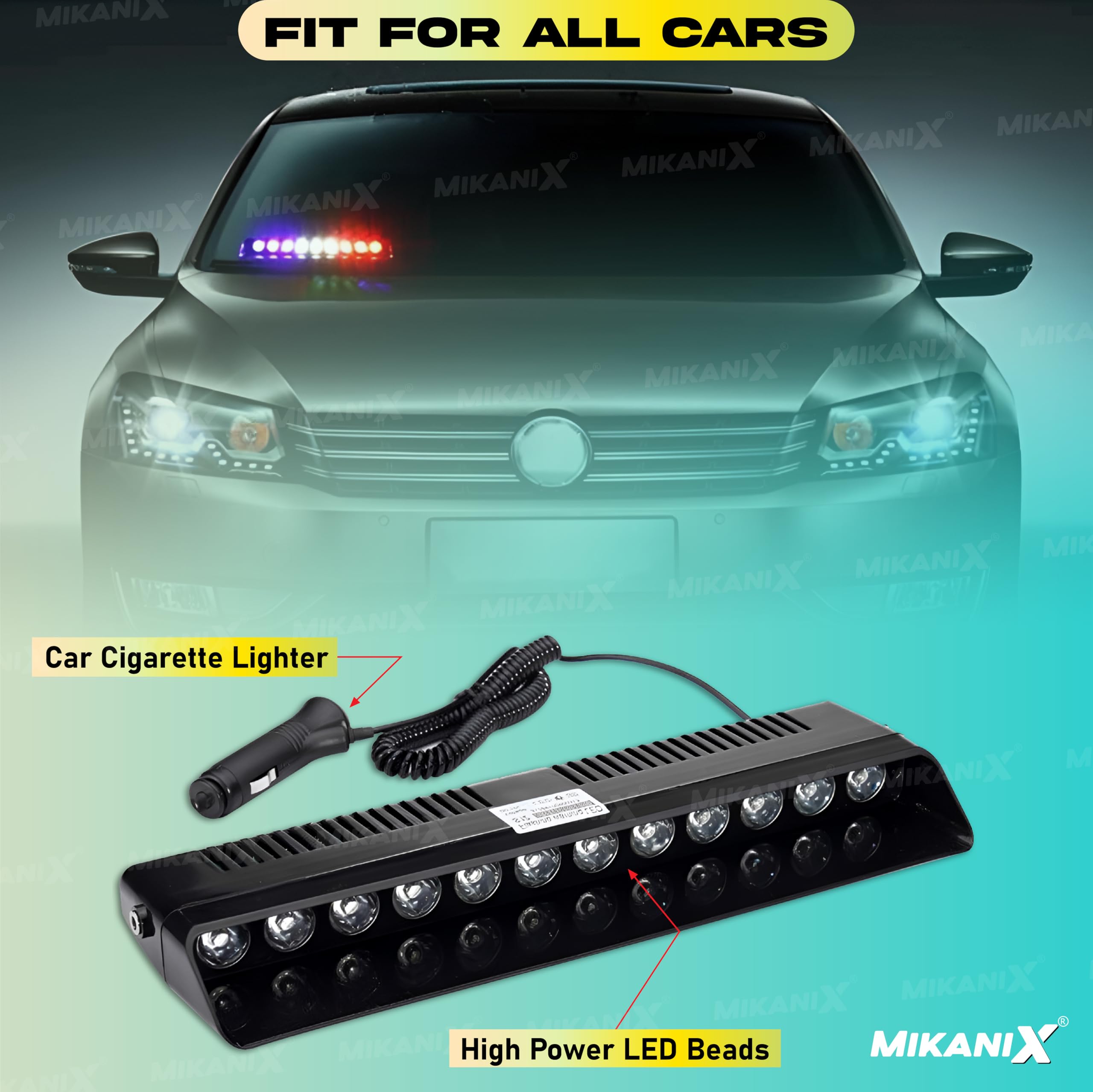 MIKANIX 12 LED Red & Blue Police PCR Strobe Flasher Light With 11 Flashing Mode | Warning & Emergency Lamp Light for All Cars