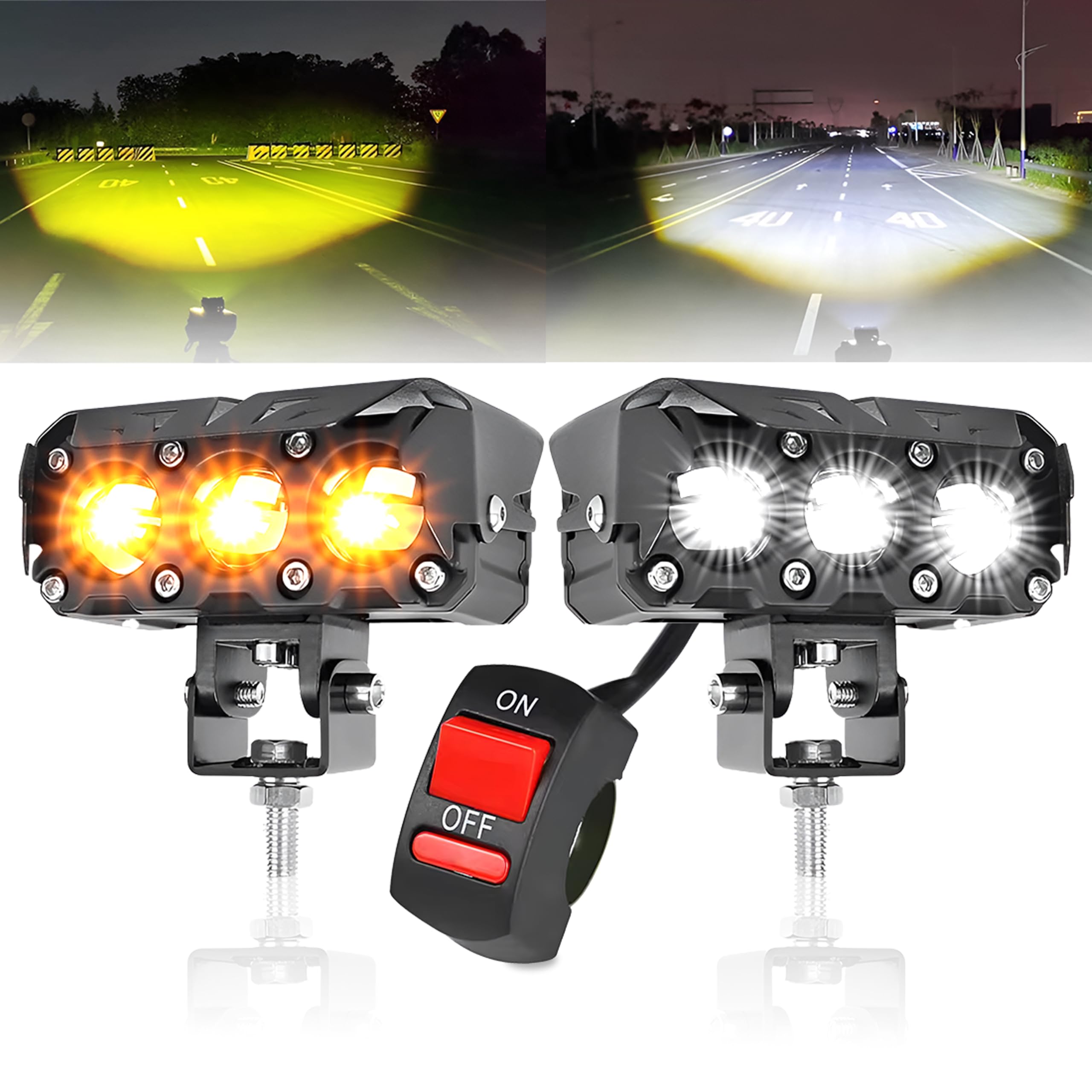 MIKANIX 1 YEAR WARRANTY Super Bright 3 Led Fog Light Lamp | White & Yellow | High/Low Beam | 4 Modes of Flashing Spotlight With Switch Universal for Bikes, Cars, SUVs & Thar