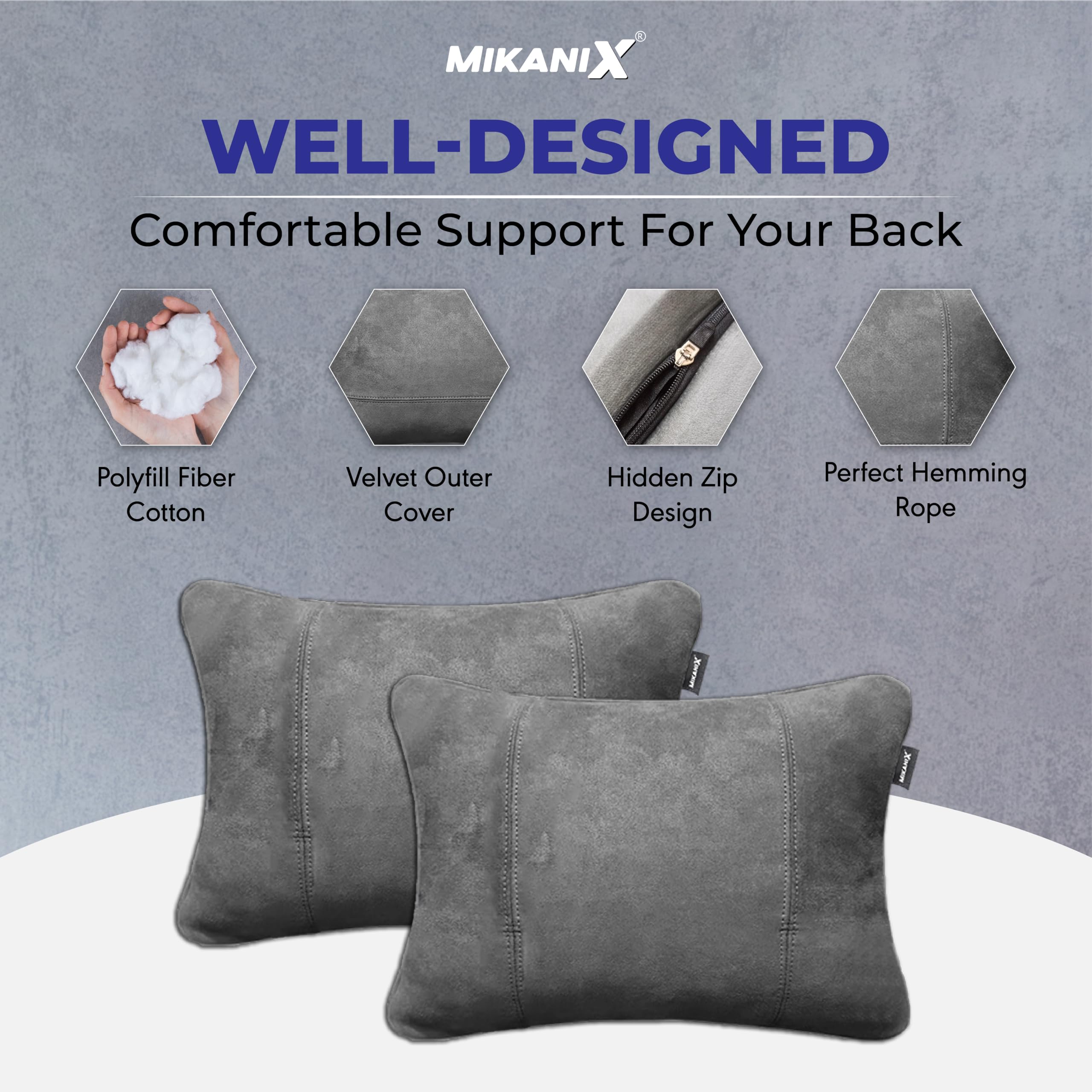 MIKANIX Car Headrest Pillow | Polyfill Fiber Cotton Neck/Head Support Cushion | Ergonomic Travel Headrest | Comfortable Car Seat Pillow | Breathable Soft Cover | Universal Fit (4 Grey)
