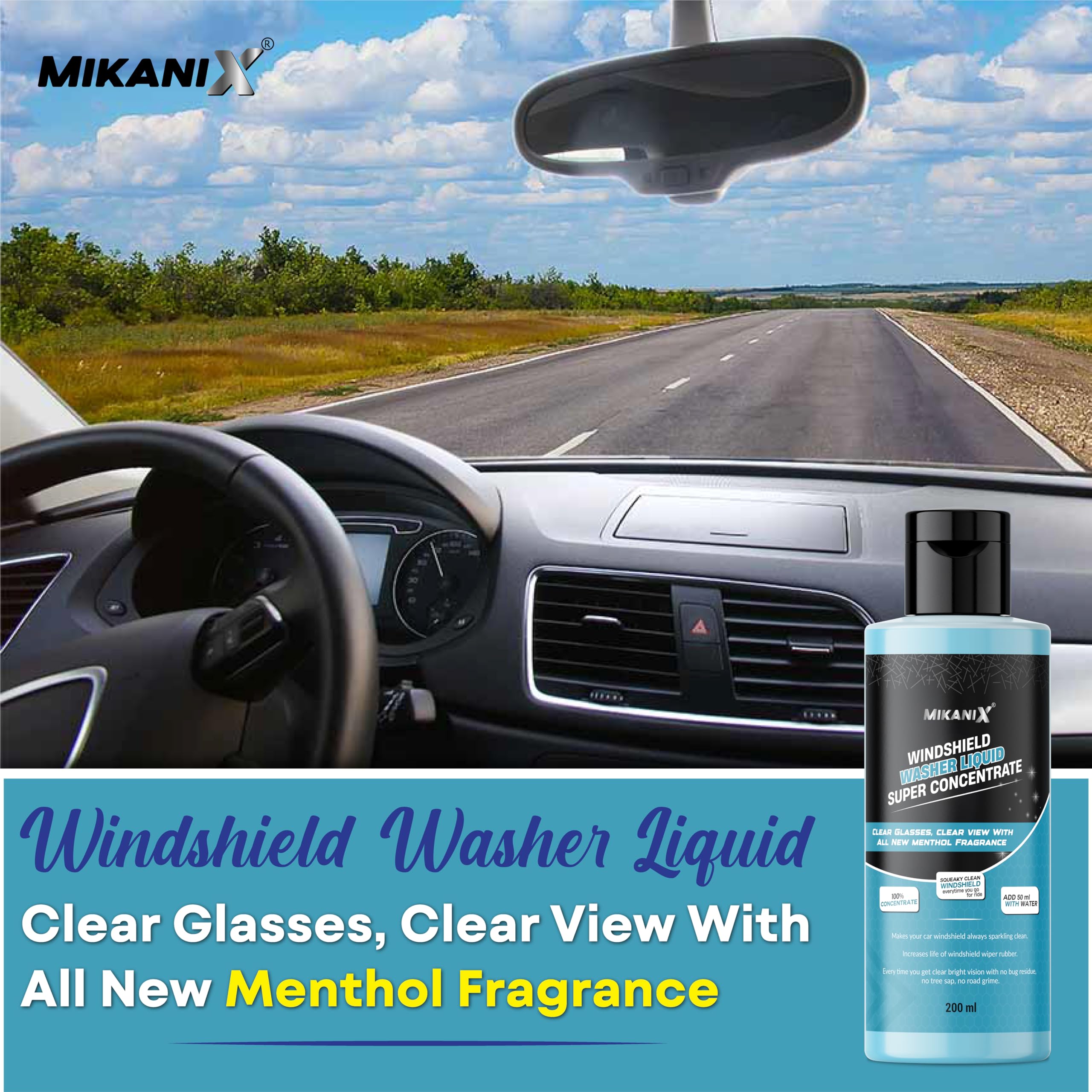 MIKANIX Windshield Washer Fluid For Car | Car Glass & Wiper Cleaner Liquid | Concentrate Form | To Remove Dirt, Grime and Bugs | Improve Visibility | Antifreeze Protection