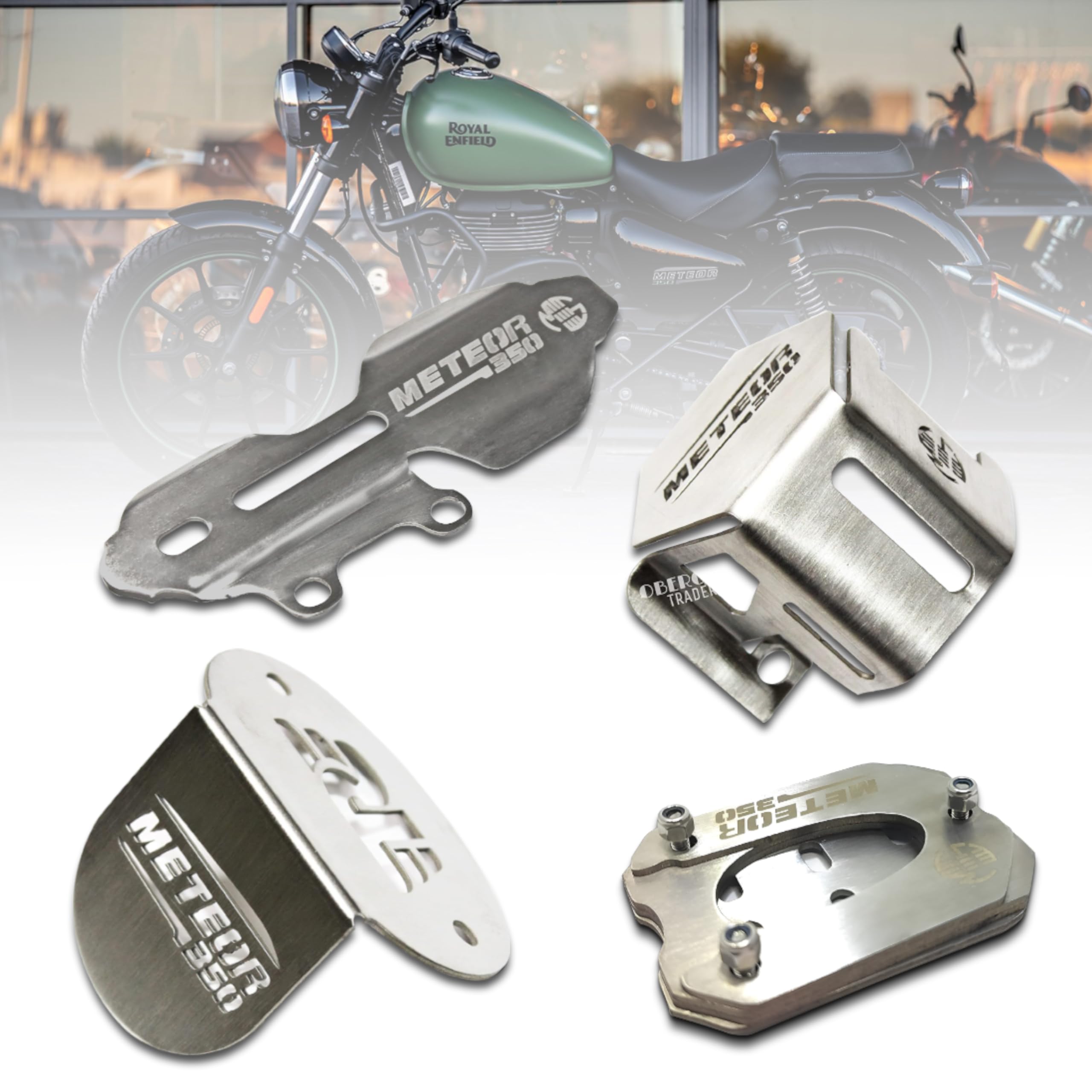 OBEROI'S TRADERS Meteor 350 Master Cylinder Guard, Front Oil Reservoir Cap, Side Stand Extender And Rear Brake Oil Container Guard Combo Accessories