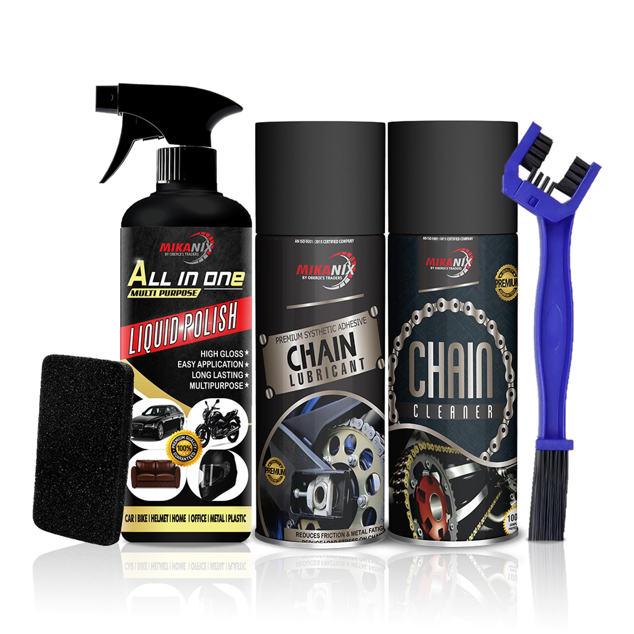 OBEROI'S TRADERS Combo of Chain Lubricant + Chain Cleaner + Bike & Car Polish With Cleaning Brush Cleans | Shines & Protects Chain | Car Dashboard Interior & Exterior Cleaning (1500 ml)