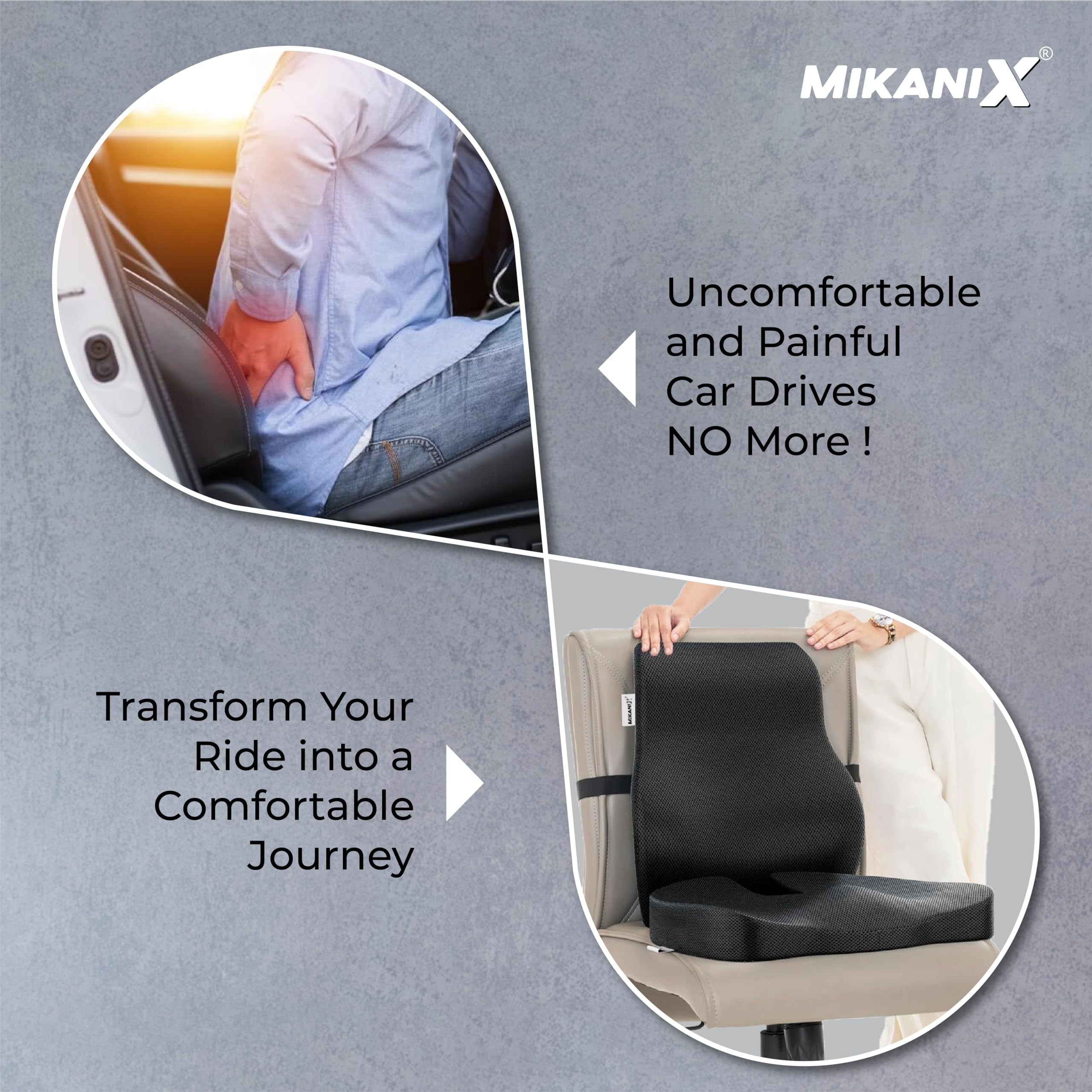 OBEROI'S TRADERS Back Lumbar Support & Orthopedic Coccyx Seat Cushion Combo with Memory Foam for Car Seat, Office & Home Chair to Relief Back, Sciatica & Hip Pain and Posture Correction