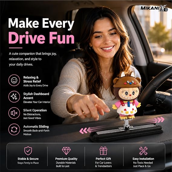 MIKANIX Auto Sliding Car Dashboard Decoration Cute Anime Pooh Character Moving Ornament Interior Accessory