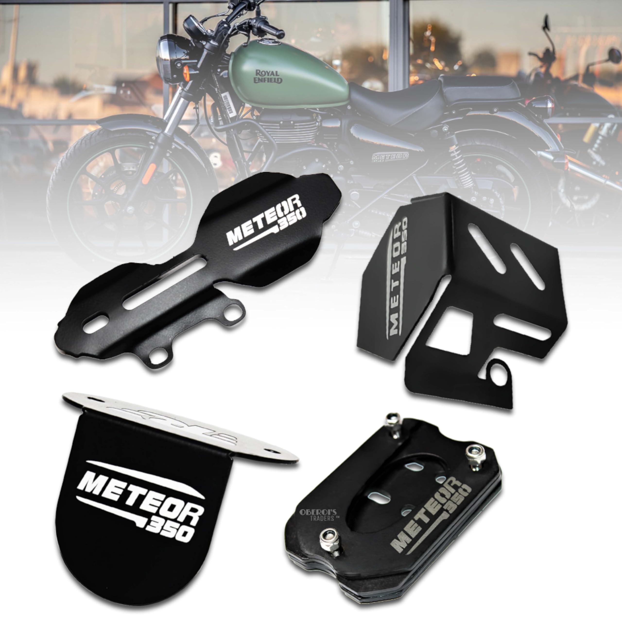 OBEROI'S TRADERS Meteor 350 Master Cylinder Guard, Front Oil Reservoir Cap, Side Stand Extender And Rear Brake Oil Container Guard Combo Accessories