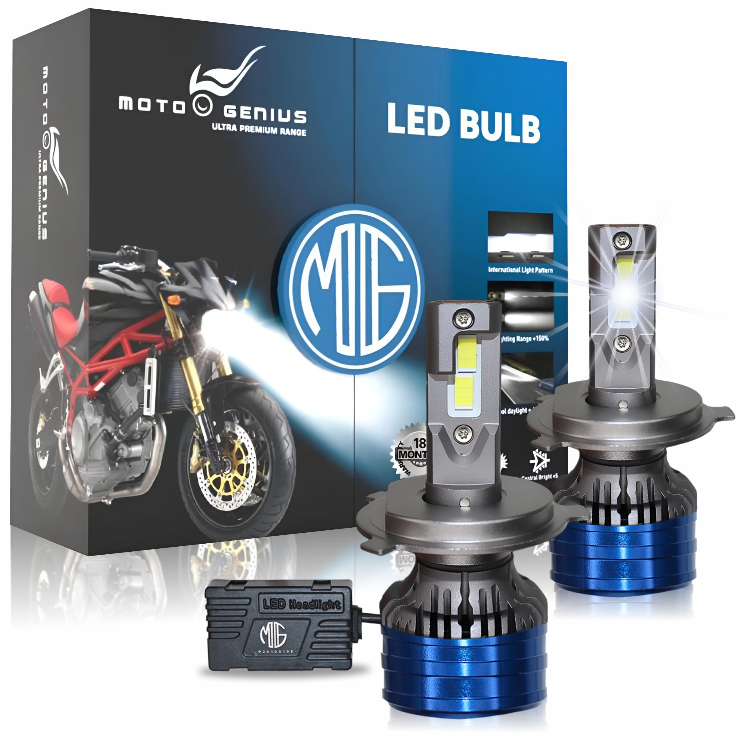 MIKANIX 18 Months Warranty H4 Fitting Ultra Premium Range 150 Watt LED Headlight Bulb Hi/Lo 12000LM | 6500K with Cooling Fan for All Cars, Bikes & SUVs