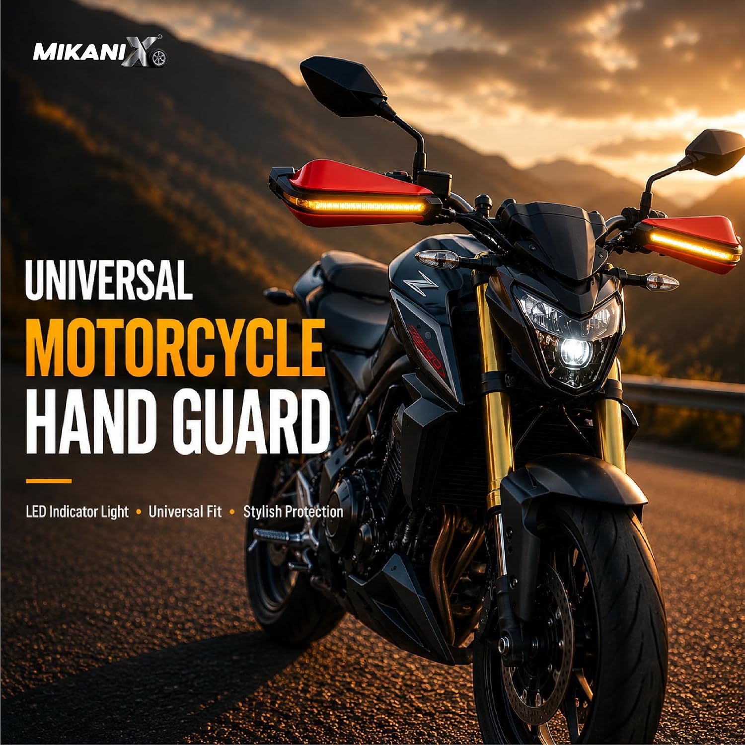 MIKANIX Universal Motorcycle Hand Guard with DRL LED Light | Brake & Clutch Lever Protector | Wind Deflector Hand Guard for All Bikes & Motorcycles