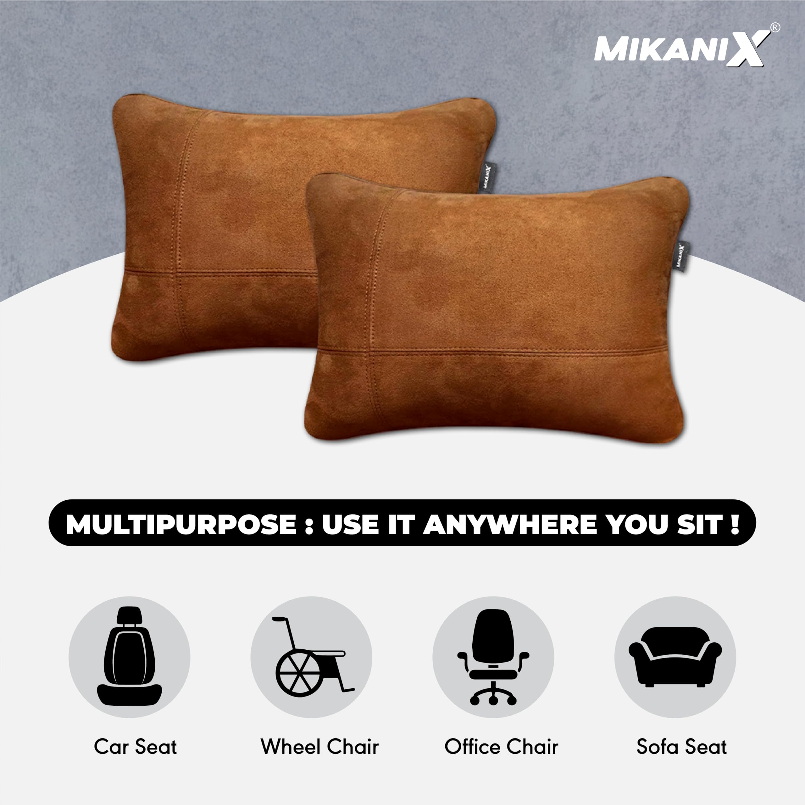 MIKANIX Car Headrest Pillow | Polyfill Fiber Cotton Neck/Head Support Cushion | Ergonomic Travel Headrest | Comfortable Car Seat Pillow | Breathable Soft Cover | Universal Fit (4 Brown)