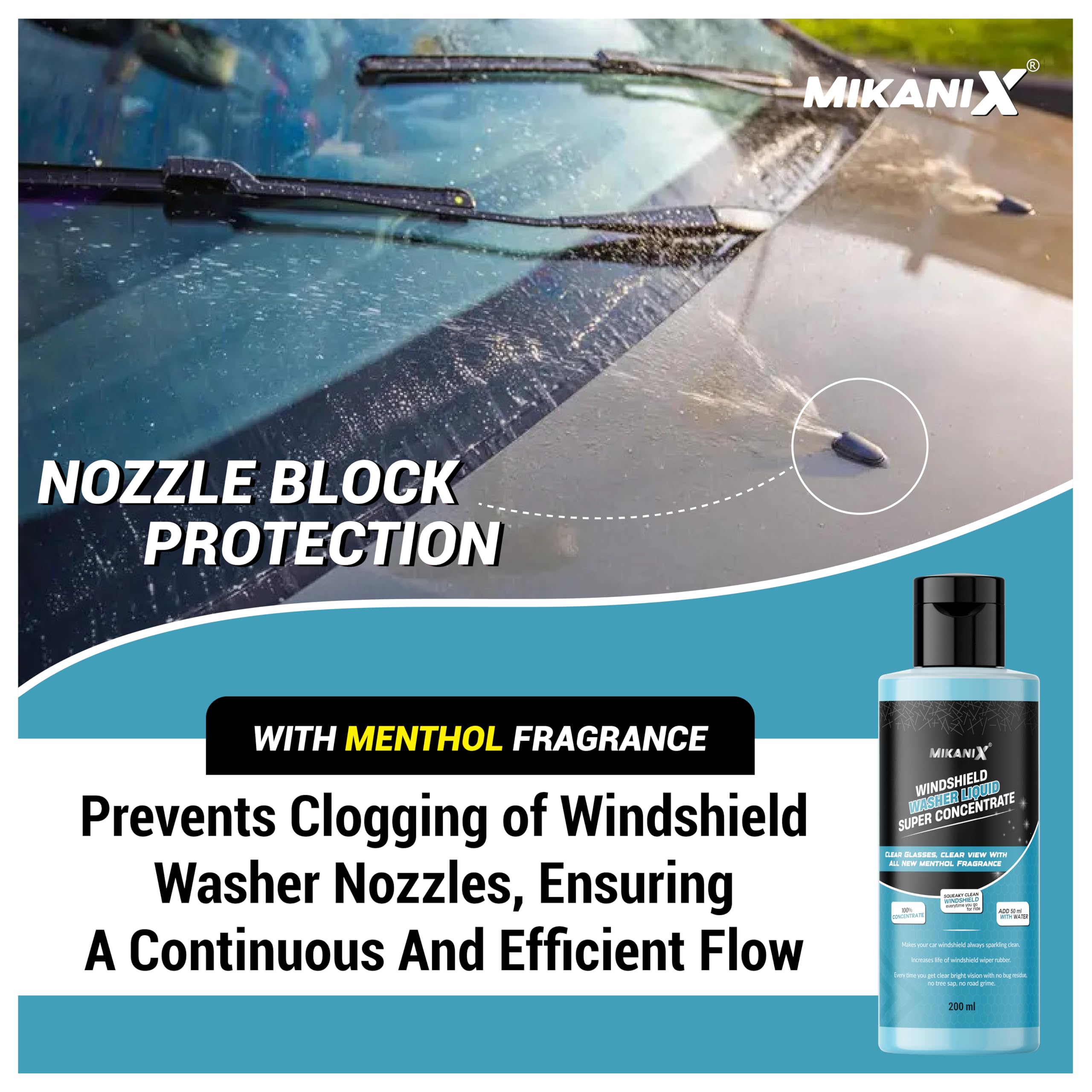 MIKANIX Windshield Washer Fluid For Car | Car Glass & Wiper Cleaner Liquid | Concentrate Form | To Remove Dirt, Grime and Bugs | Improve Visibility | Antifreeze Protection