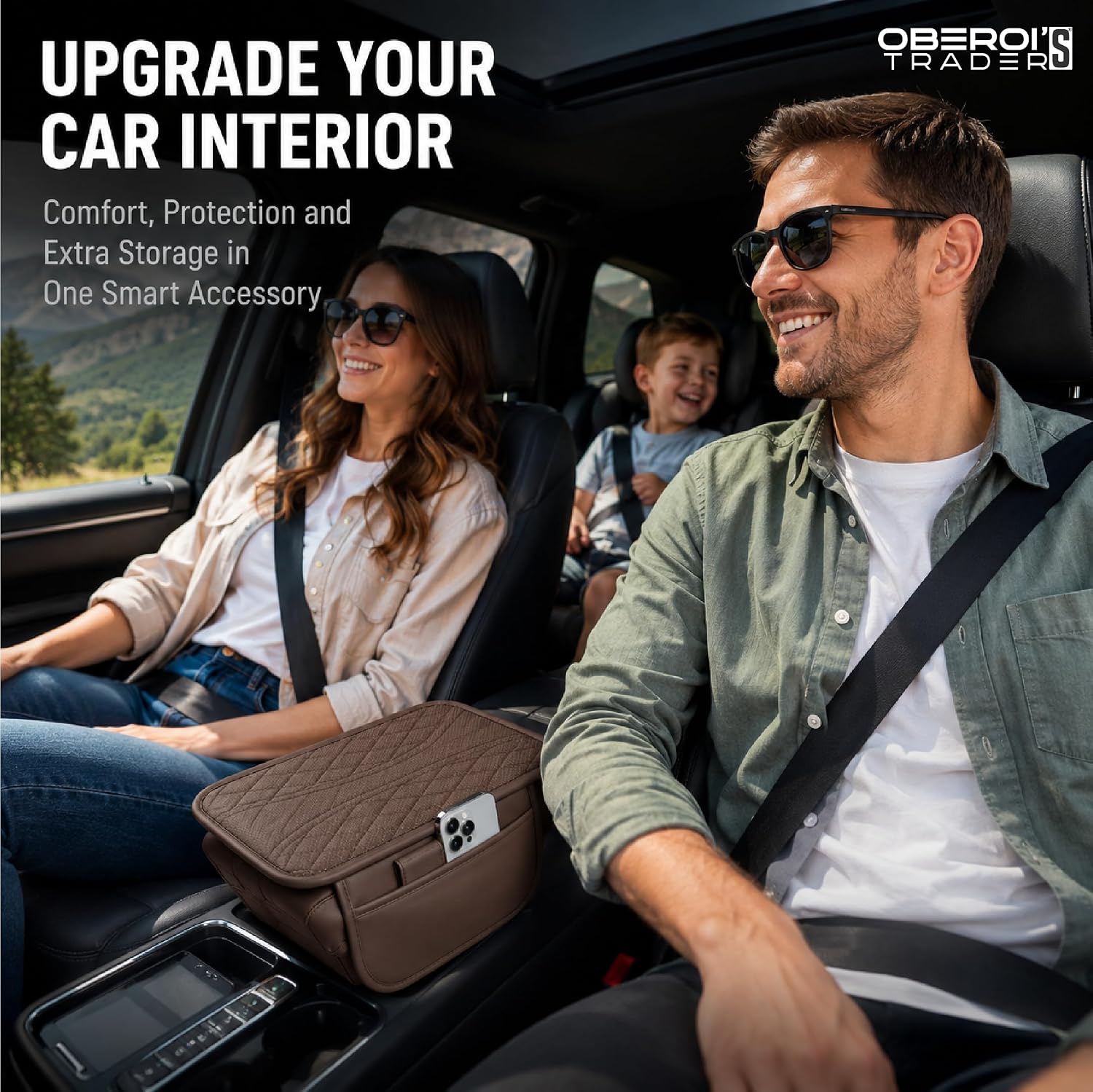 MIKANIX Car Center Console Armrest Cushion | Waterproof Leather Car Armrest Pad with Cup Holder, Phone Slot & Tissue Organizer for Top Hinged Consoles
