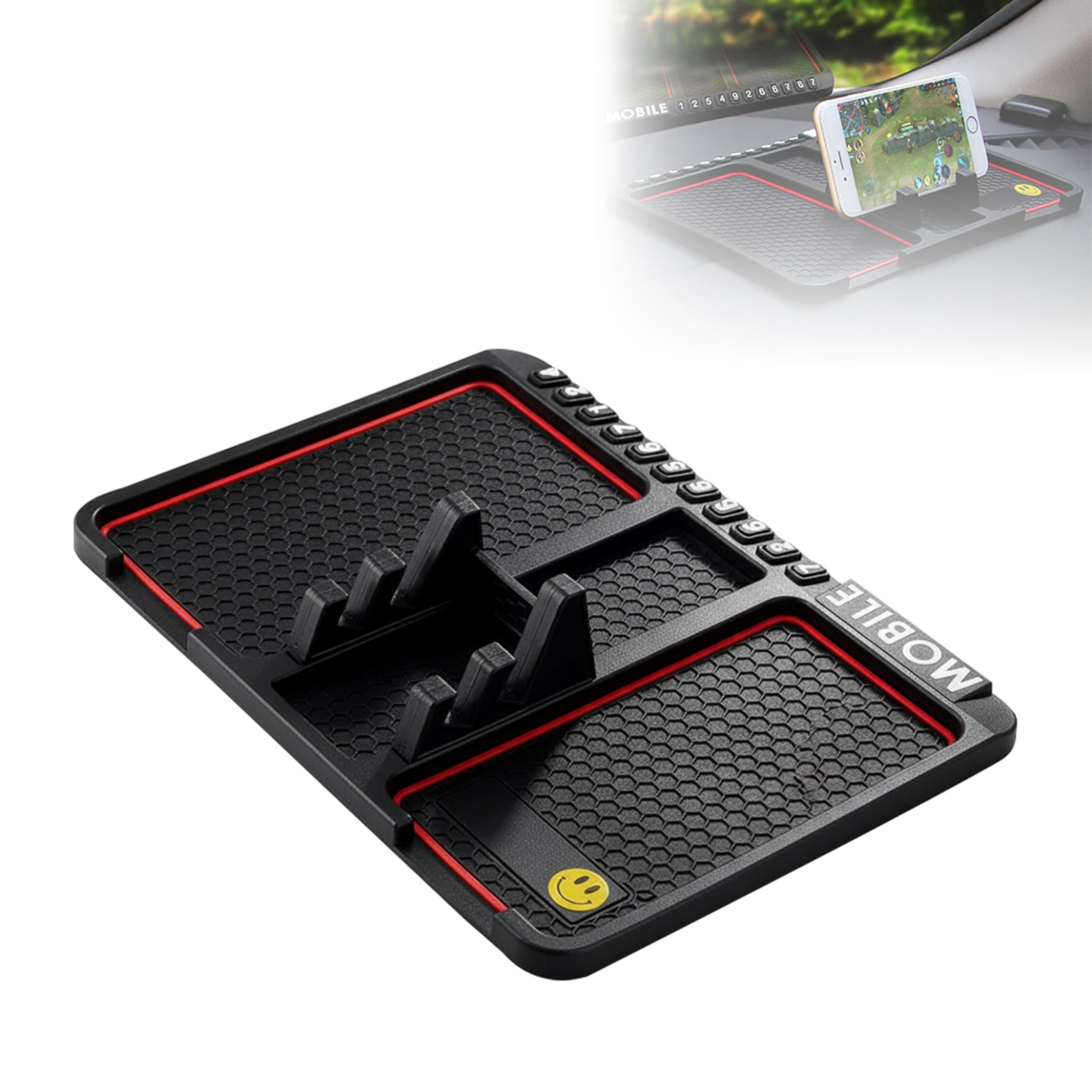 MIKANIX Anti-Slip Car Dashboard Mat with Mobile Holder & Number Display | Silicone Non-Slip Phone Pad | Universal Dashboard Accessories for Car | Mobile Stand with Number Plate Stickers