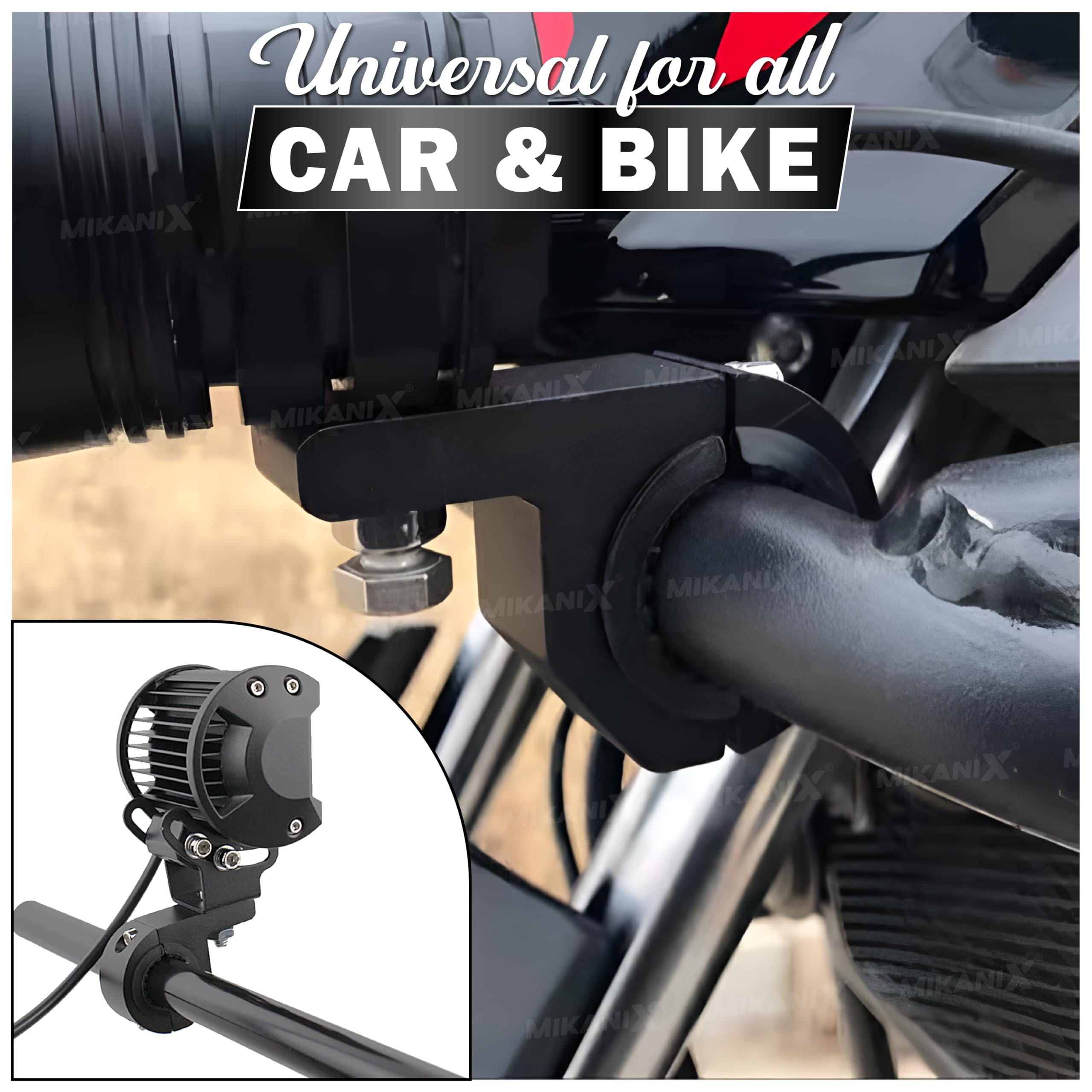 Mikanix Mikanix Universal Fog Light Clamp LED Bar Clamp Mounting Holder Bracket Kit with Rubber Insert for Bike, SUV Car, Jeep and Off Road Vehicles