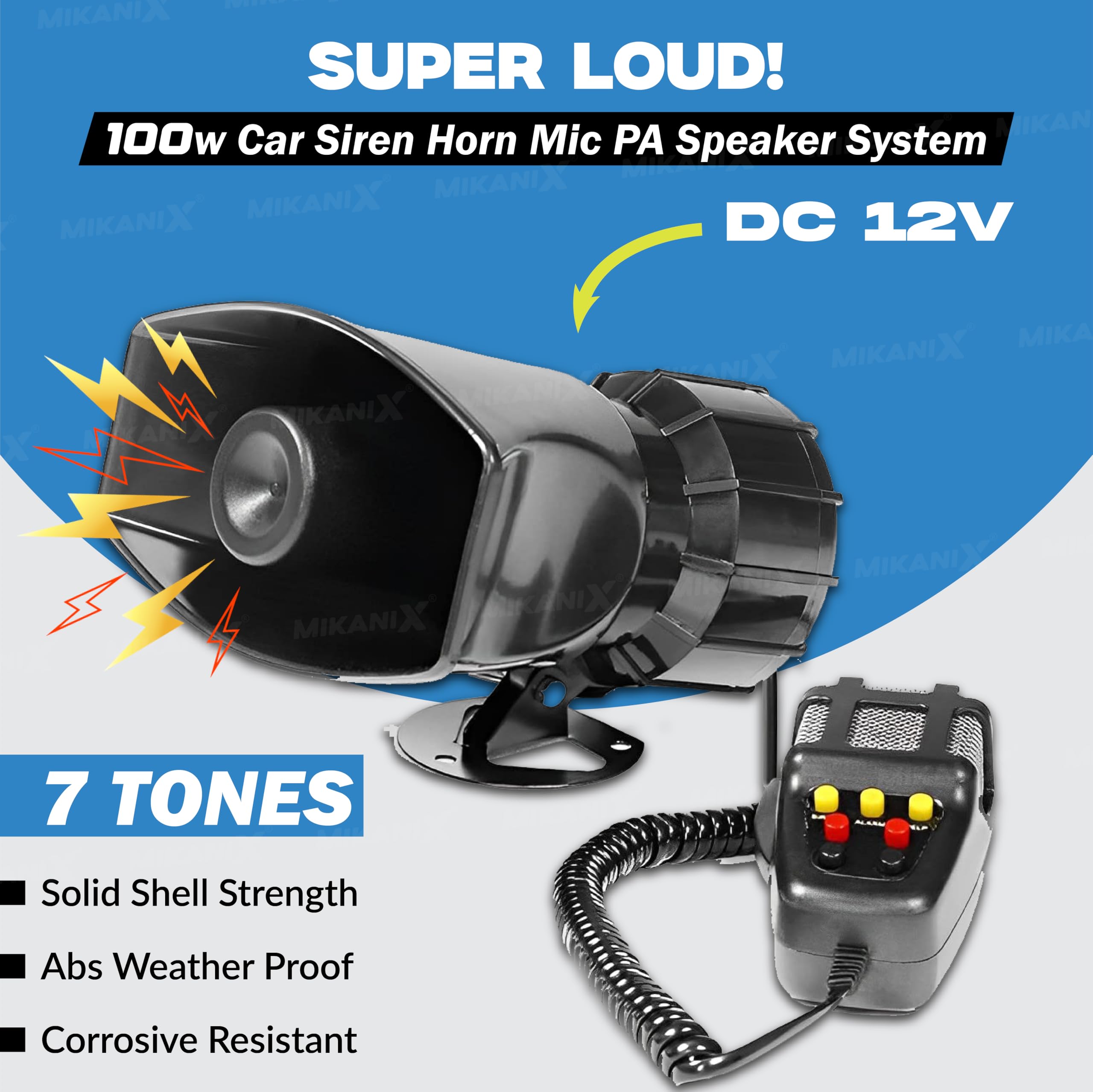 MIKANIX 7 Tone Police Car & Bike Siren Horn Hooter with Mic | PA Speaker System | Super Loud Sound | DC 12V | Remote Control Alarm Buzzer