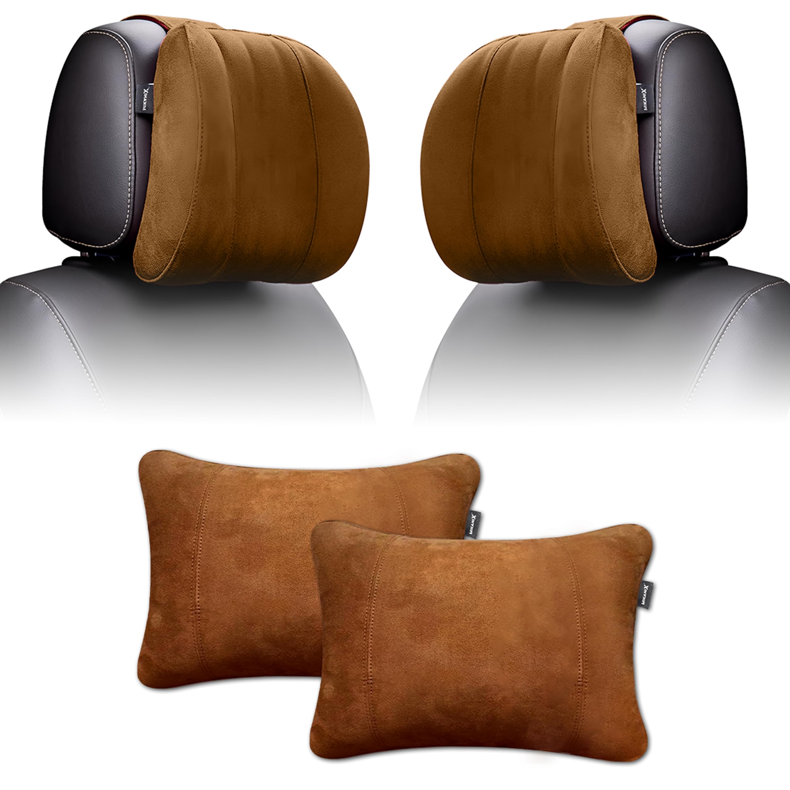 MIKANIX Car Headrest Pillow | Polyfill Fiber Cotton Neck/Head Support Cushion | Ergonomic Travel Headrest | Comfortable Car Seat Pillow | Breathable Soft Cover | Universal Fit (4 Brown)