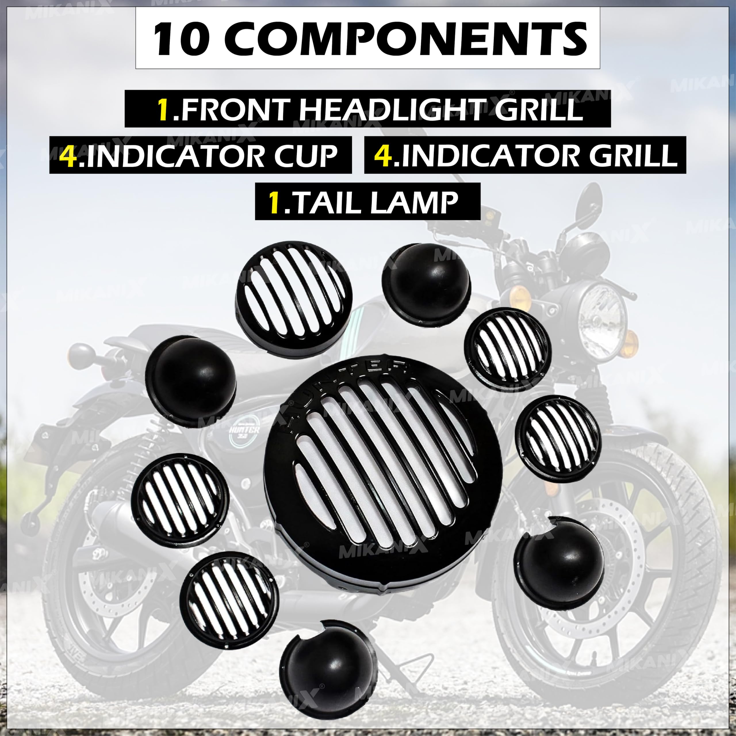 MIKANIX Hunter 350 Bike CNC Metal Front Rear Halogen Headlight Grill/Jali Cover Set With Tail Lamp, Indicator Cup Compatible Only For Royal Enfield Hunter 350