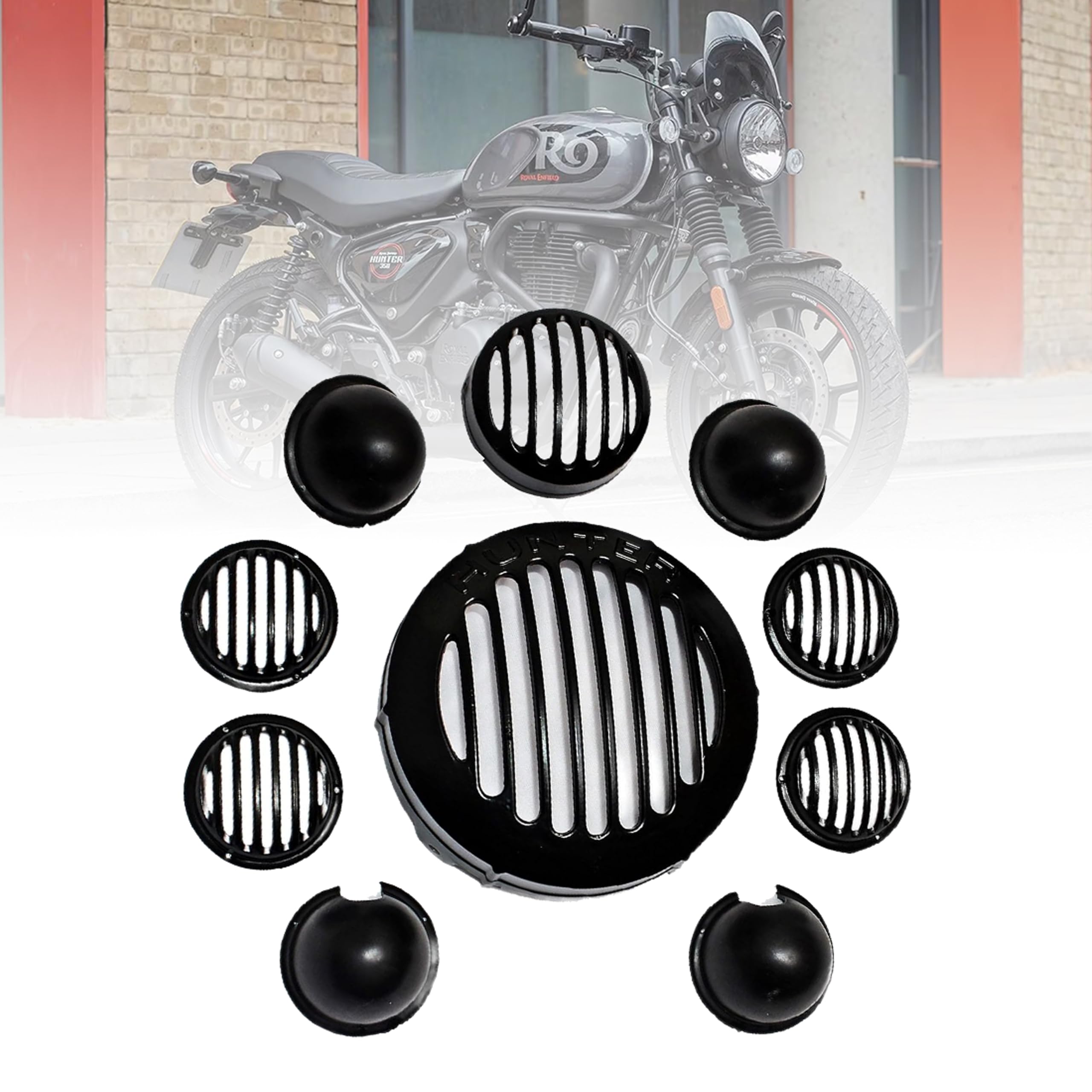 MIKANIX Hunter 350 Bike CNC Metal Front Rear Halogen Headlight Grill/Jali Cover Set With Tail Lamp, Indicator Cup Compatible Only For Royal Enfield Hunter 350