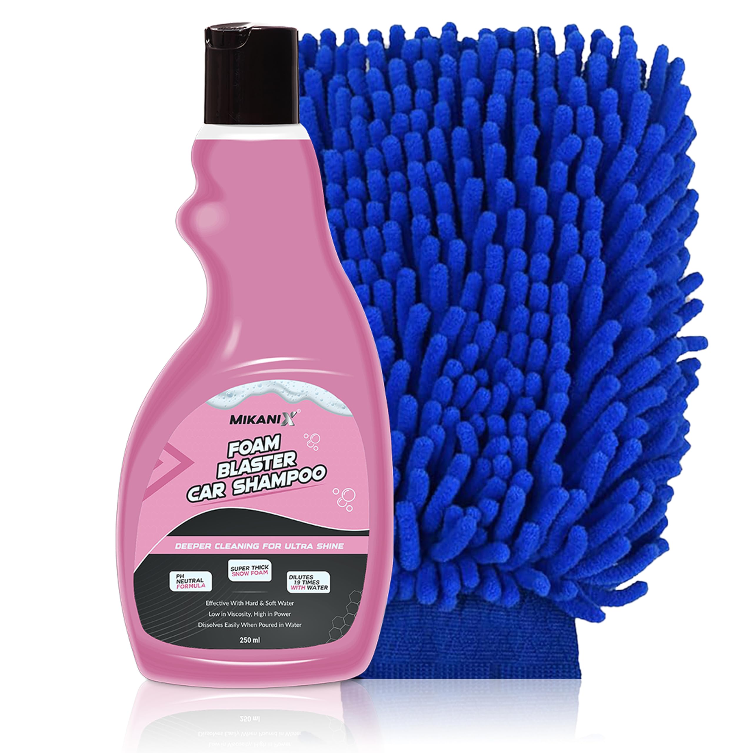 ‎OBEROI'S TRADERS Microfiber Cloth Wash Mitt Glove & Foam Blaster Car Wash Shampoo | Concentrate Form With Thick Foam to Remove Dirt & Grime For Car & Bike Exterior Cleaning (Pack of 2)