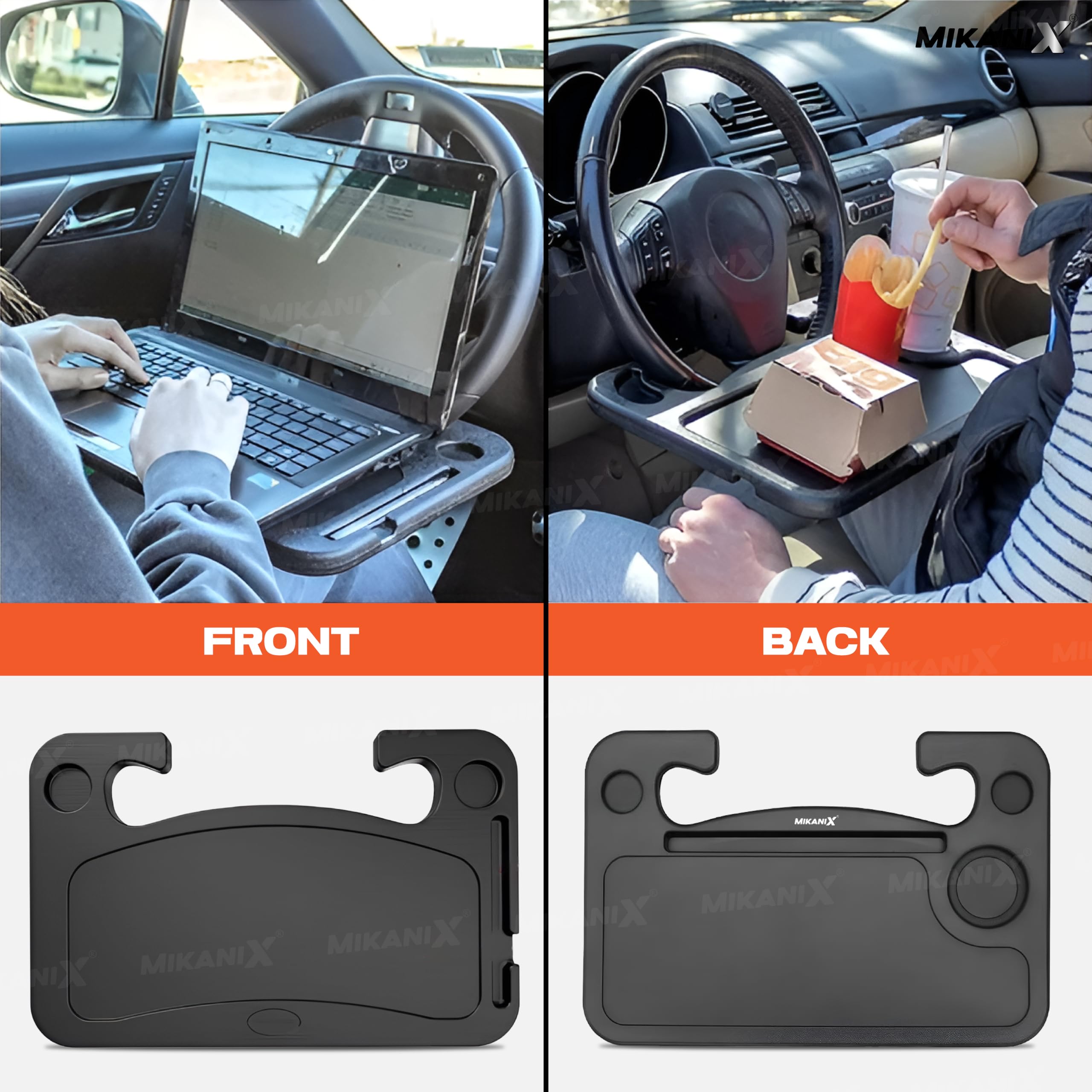 MIKANIX Multi-Use Car Steering Wheel Tray - Portable Laptop Desk & Food Tray for Car, Dual-Sided Travel Workstation for Eating, Writing & Working, Universal Fit