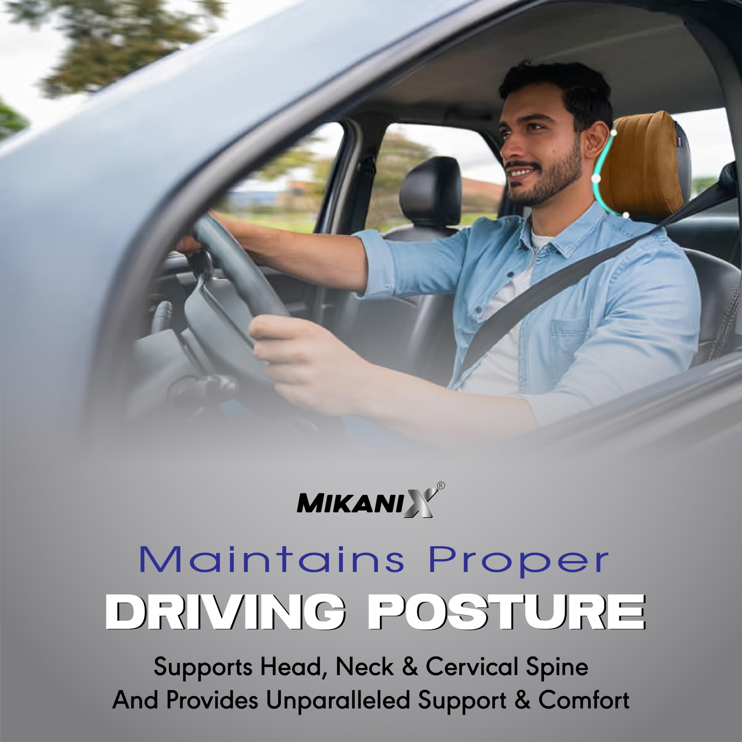 MIKANIX Car Headrest Pillow | Polyfill Fiber Cotton Neck/Head Support Cushion | Ergonomic Travel Headrest | Comfortable Car Seat Pillow | Breathable Soft Cover | Universal Fit (Brown)
