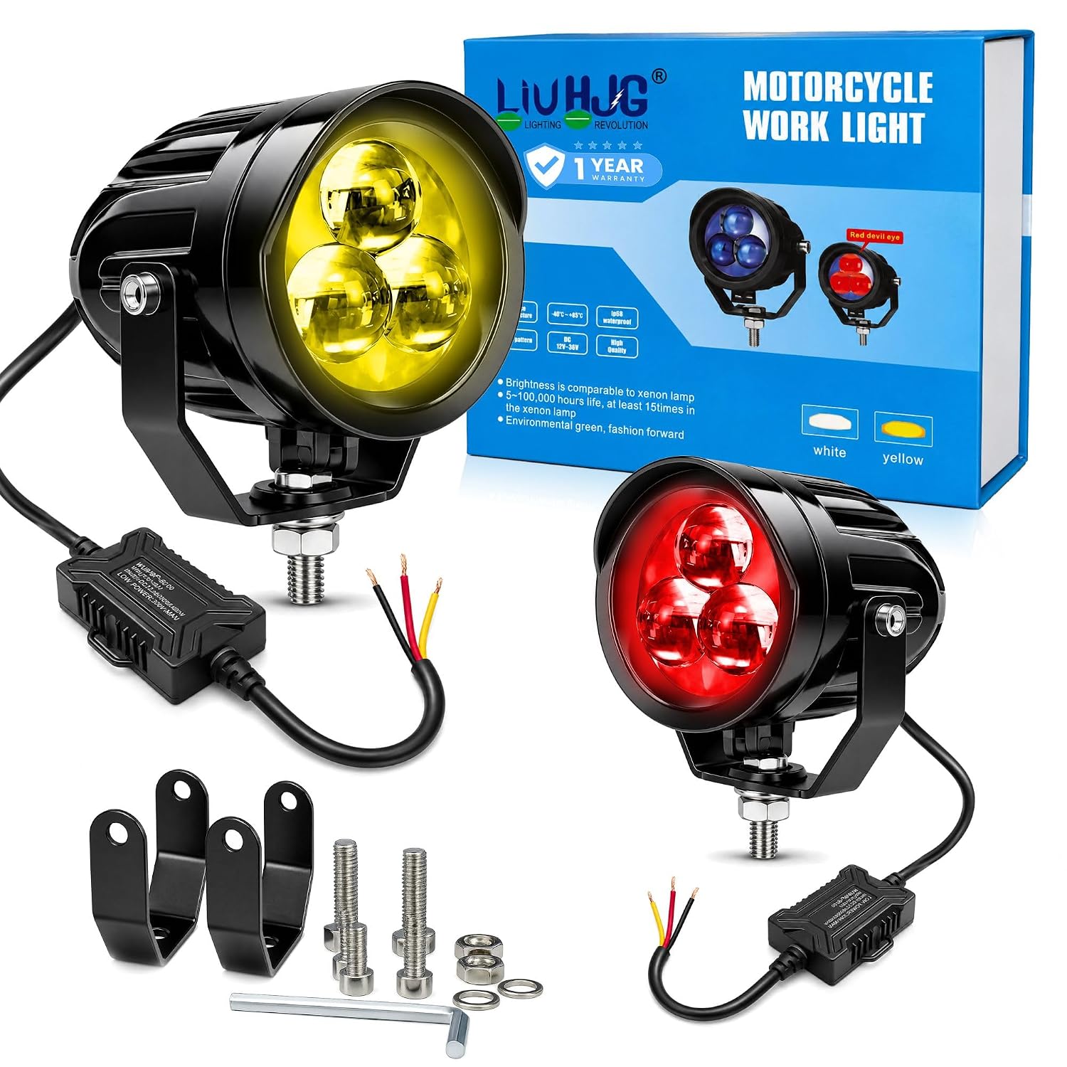 MIKANIX LIUHJG LED Motorcycle Work Light Kit | Waterproof Yellow & White Fog Driving Spotlights