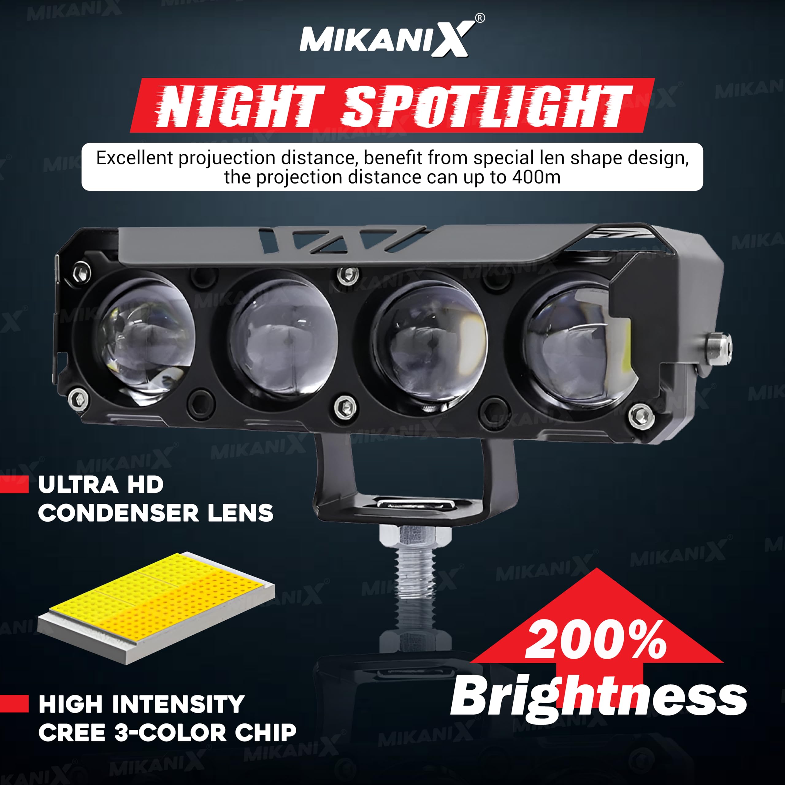 MIKANIX 1 YEAR WARRANTY Super Bright 4 LED Fog Light I 5 Mode Changing Light With Flashing & PCR Mode I High/Low Beam I Aluminium Body Universal Fit for Motercycle & Car