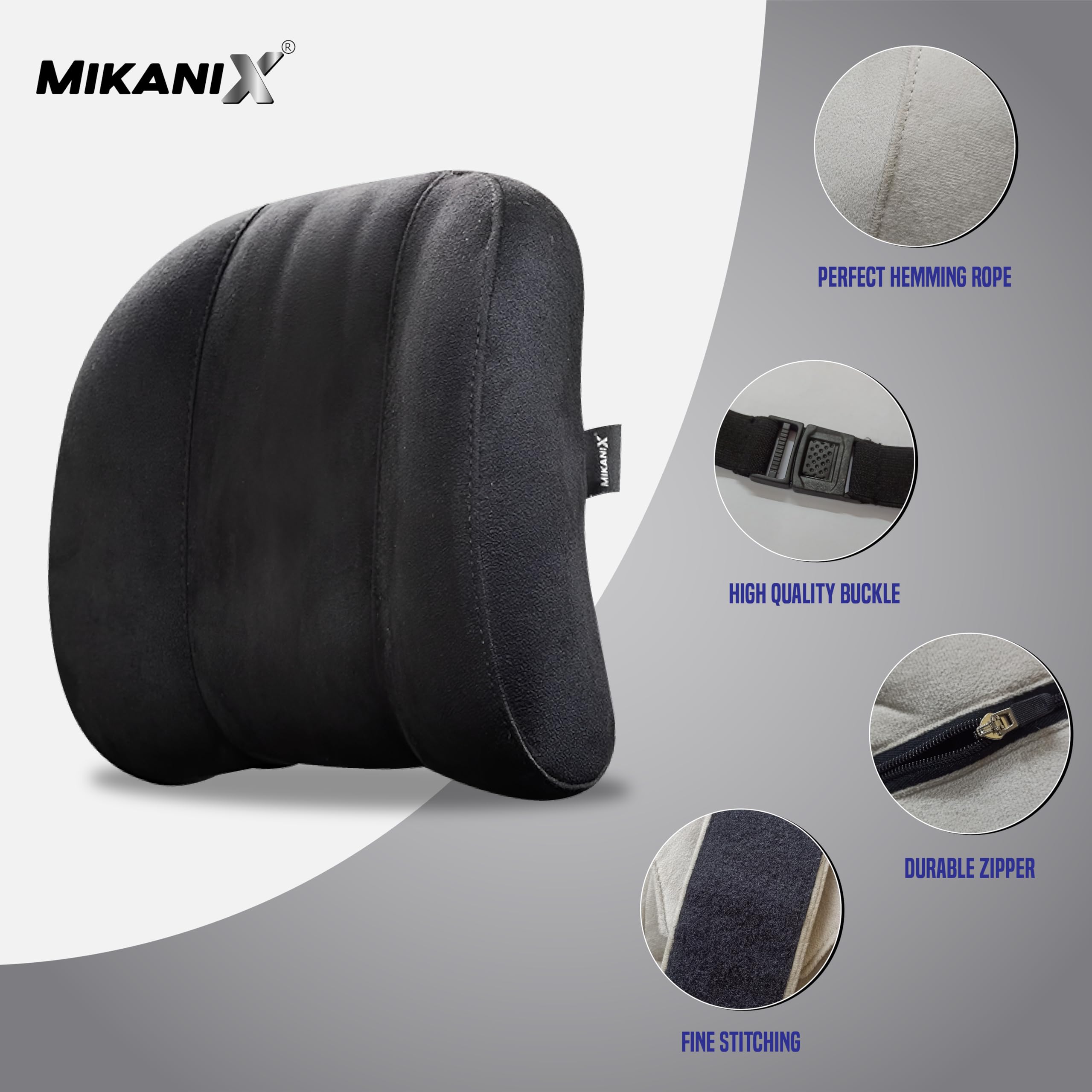 MIKANIX Car Headrest Pillow | Polyfill Fiber Cotton Neck/Head Support Cushion | Ergonomic Travel Headrest | Comfortable Car Seat Pillow | Breathable Soft Cover | Universal Fit (Black)