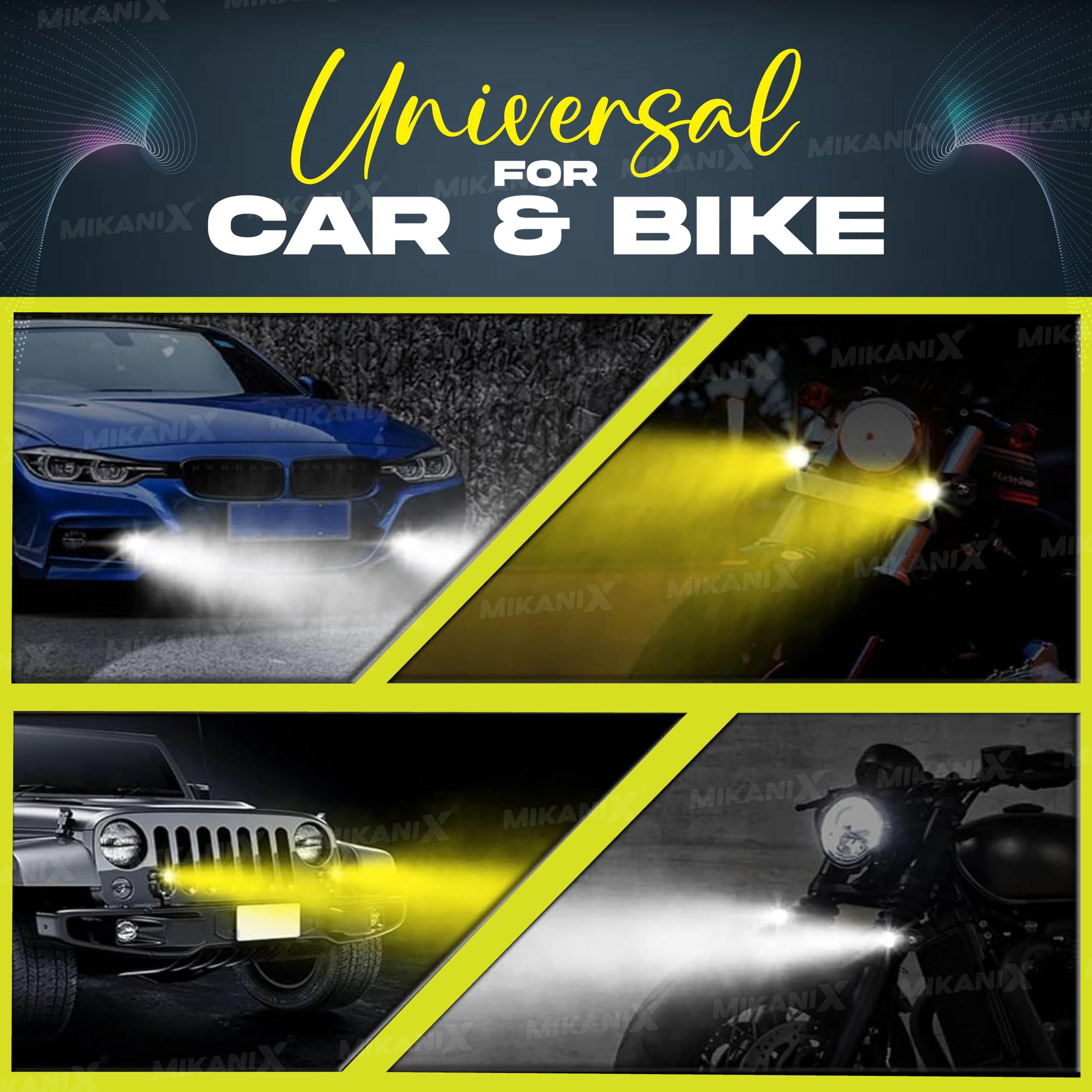 MIKANIX Super Bright LED Fog Light Lamp | Spot Light With Dual Color White/Yellow | High & Low Beam For Car, Bike, Scooty & ATVs