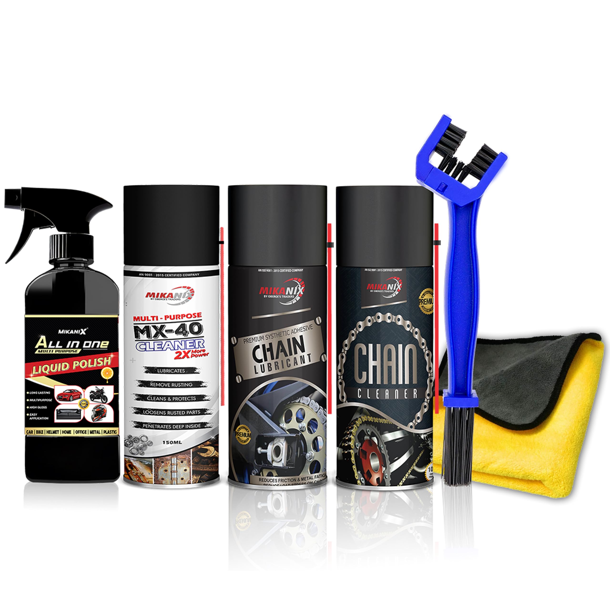 Oberoi's Traders 6-in-1 Bike Care Kit - Liquid Polish, MX-40 Cleaner, Chain Lubricant, Chain Cleaner, Cleaning Brush & Microfiber Cloth